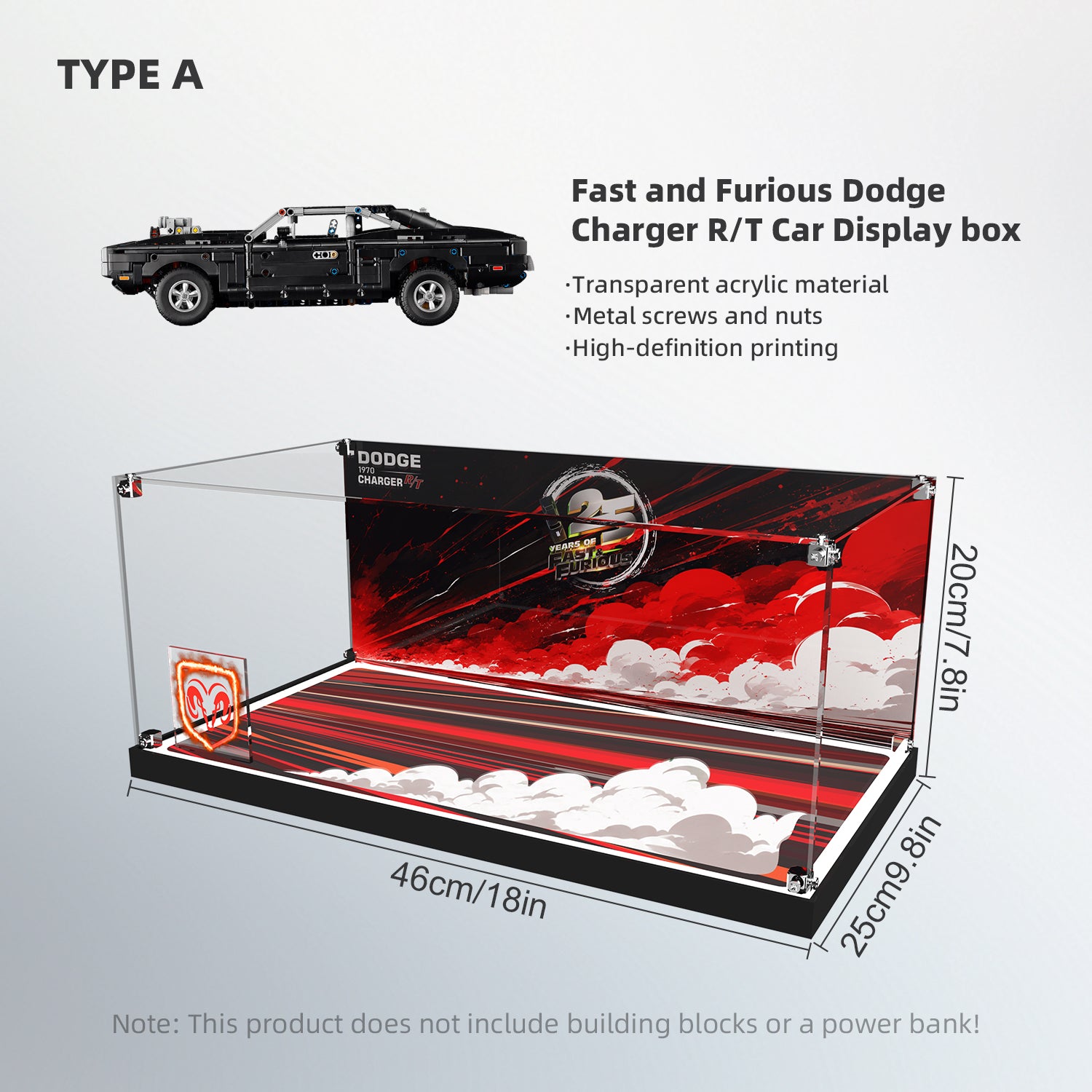LED Light Acrylic Display Case for LEGO® Technic™ 42231 Fast and Furious Dodge Charger R/T Car (LEGO® Set NOT Include)