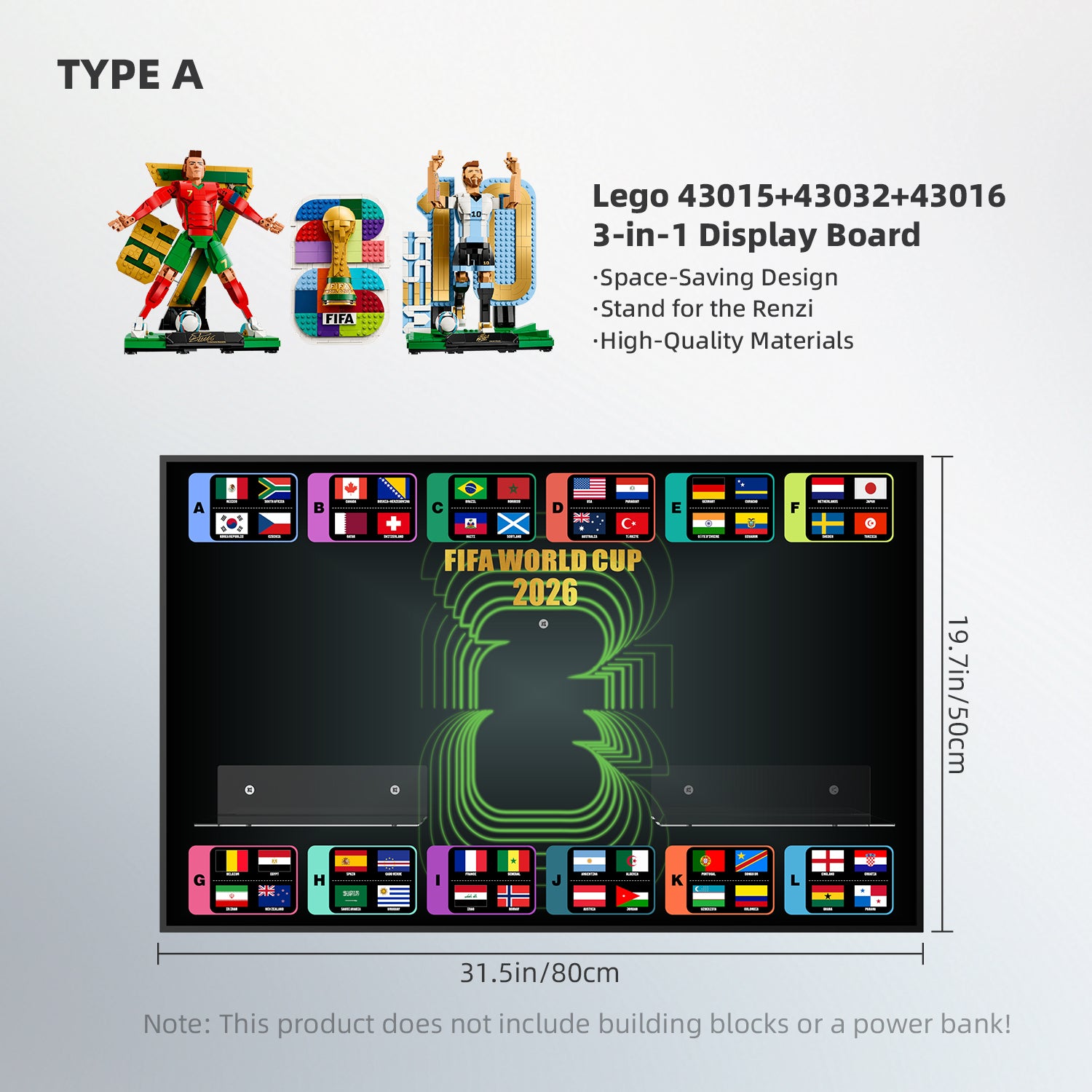 Acrylic Display Wall Mount for LEGO® Editions 43015 Lionel Messi +43032 FIFA World Cup + 43016 Cristiano Ronaldo. 3 in 1 (LEGO® Set Not Included).