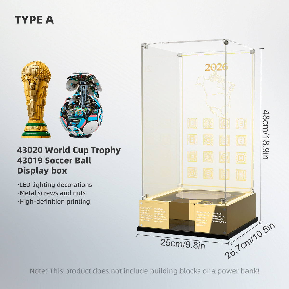 2026 LED Light Acrylic Display Case for LEGO® Editions 43020 / 43019 Soccer Ball / FIFA World Cup™ Official Trophy (LEGO® Set Not Included).