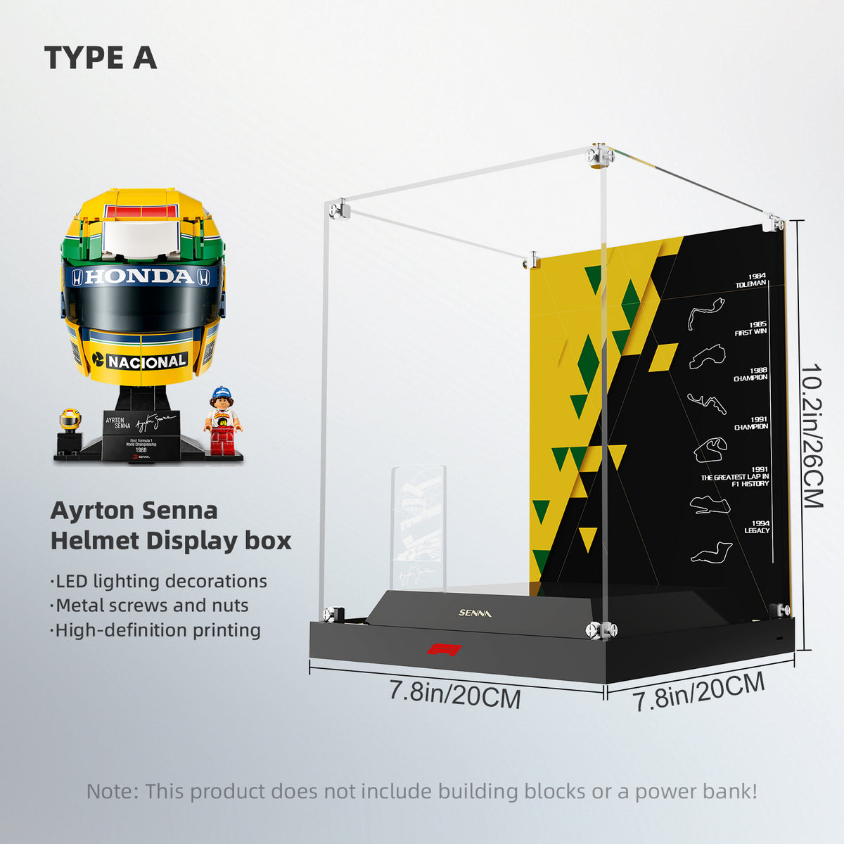 LED Light Acrylic Display Case for LEGO® Editions 43024 Ayrton Senna Helmet (LEGO® Set NOT Included)