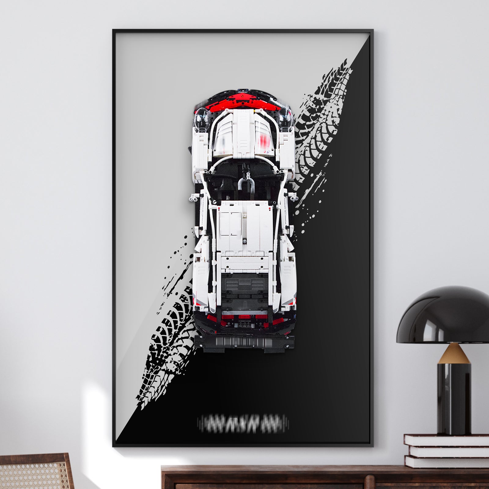 Wandhalterung zur Präsentation des LEGO® Technic Porsche 911 RSR Rennwagens (LEGO-Set nicht enthalten)