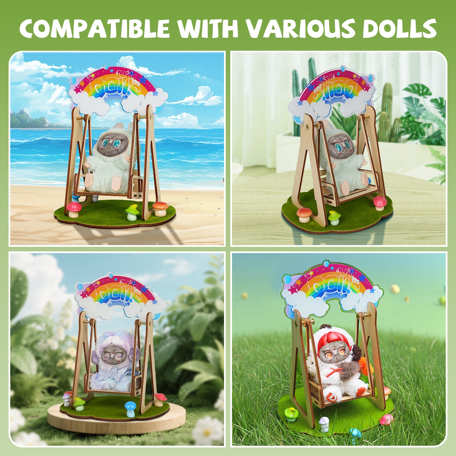 Interactive Mini Wooden Rocking Swing for POP MART® Labubu 6" Plush Doll (Model Not Included)