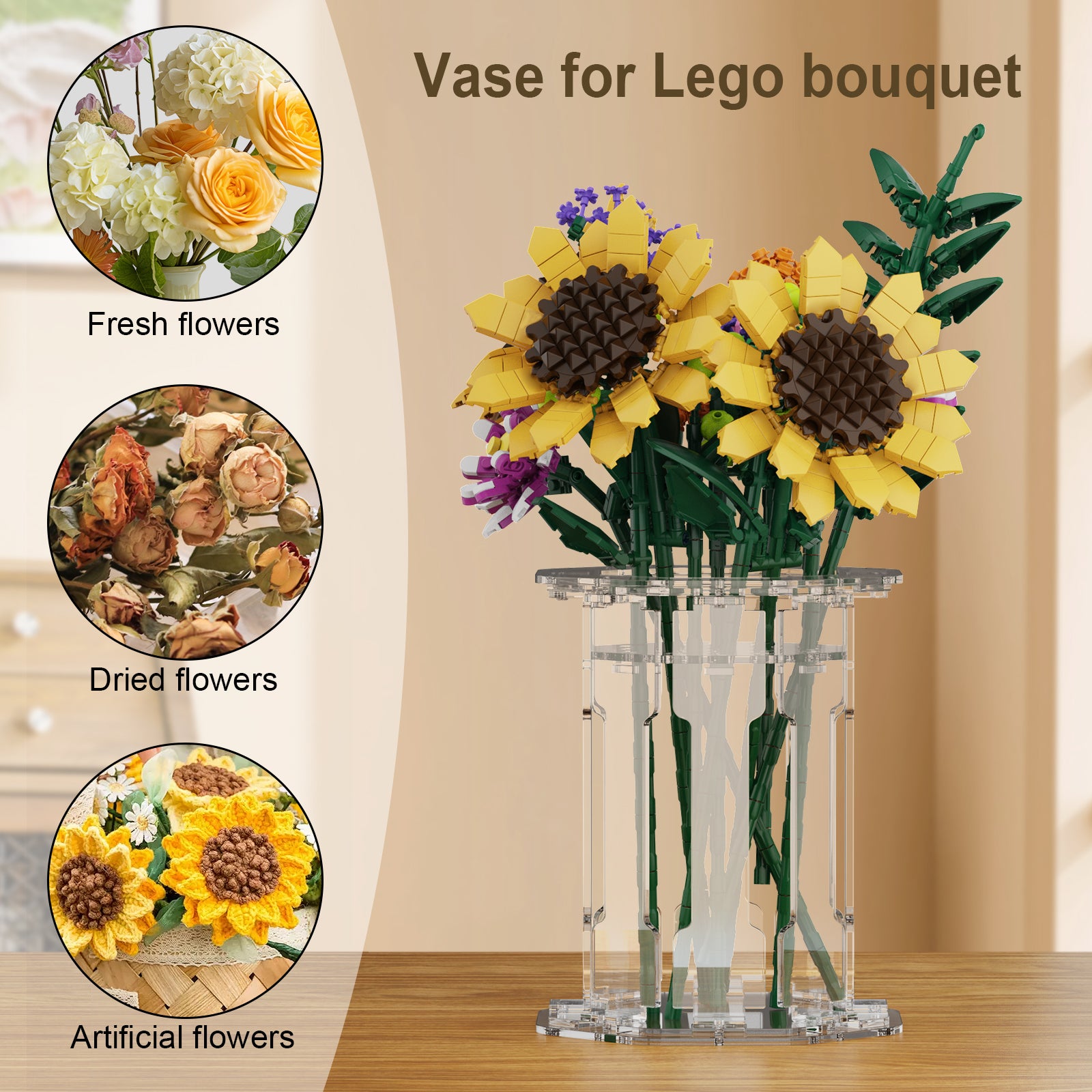 Acrylic Vase for LEGO® Bouquet-Roses Sunflowers Cherry Blossom Sunflowers Lotus (Model Not Included)