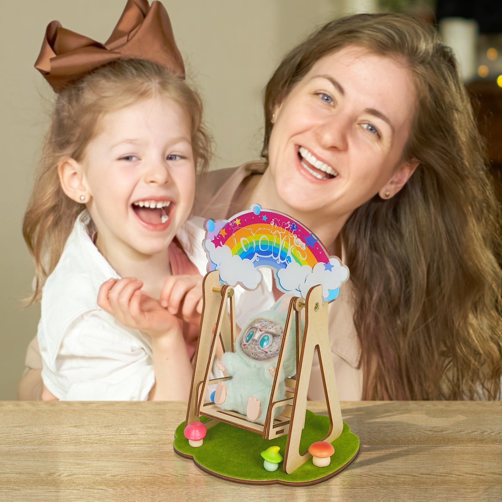Interactive Mini Wooden Rocking Swing for POP MART® Labubu 6" Plush Doll (Model Not Included)