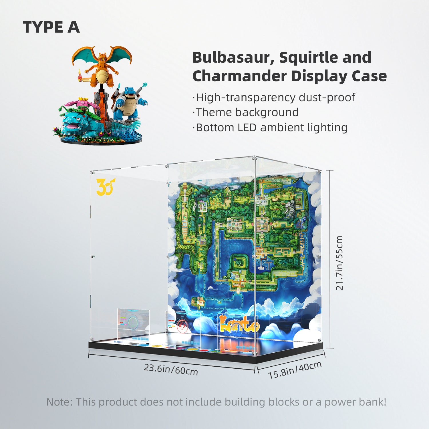 LED Light Acrylic Display Case for LEGO® Pokémon 72153 Venusaur, Charizard and Blastoise (LEGO® Set NOT Include)