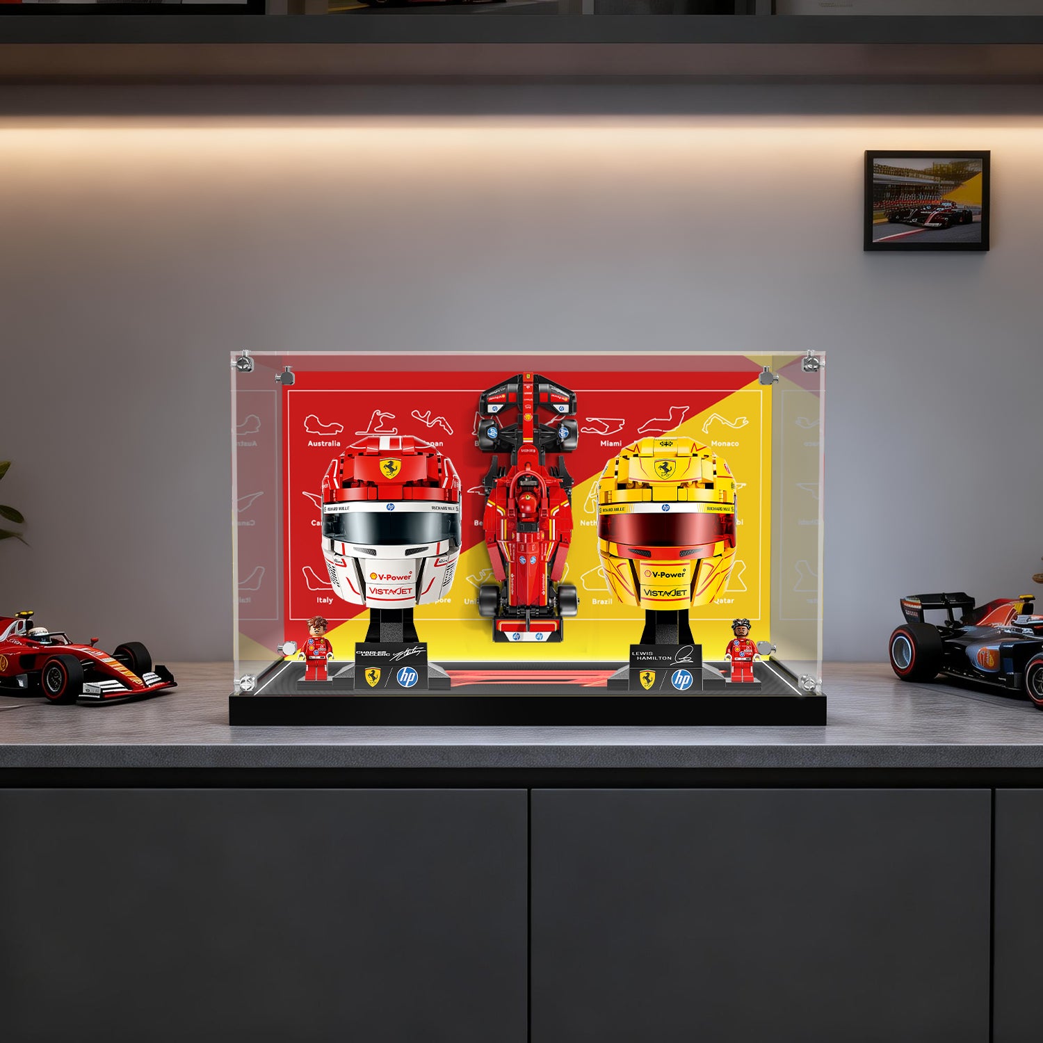 LED Light Acrylic Display Case for LEGO® Editions 43014 & 43022 Scuderia Ferrari HP Charles Leclerc Helmet & Lewis Hamilton Helmet (LEGO® Set NOT Include)