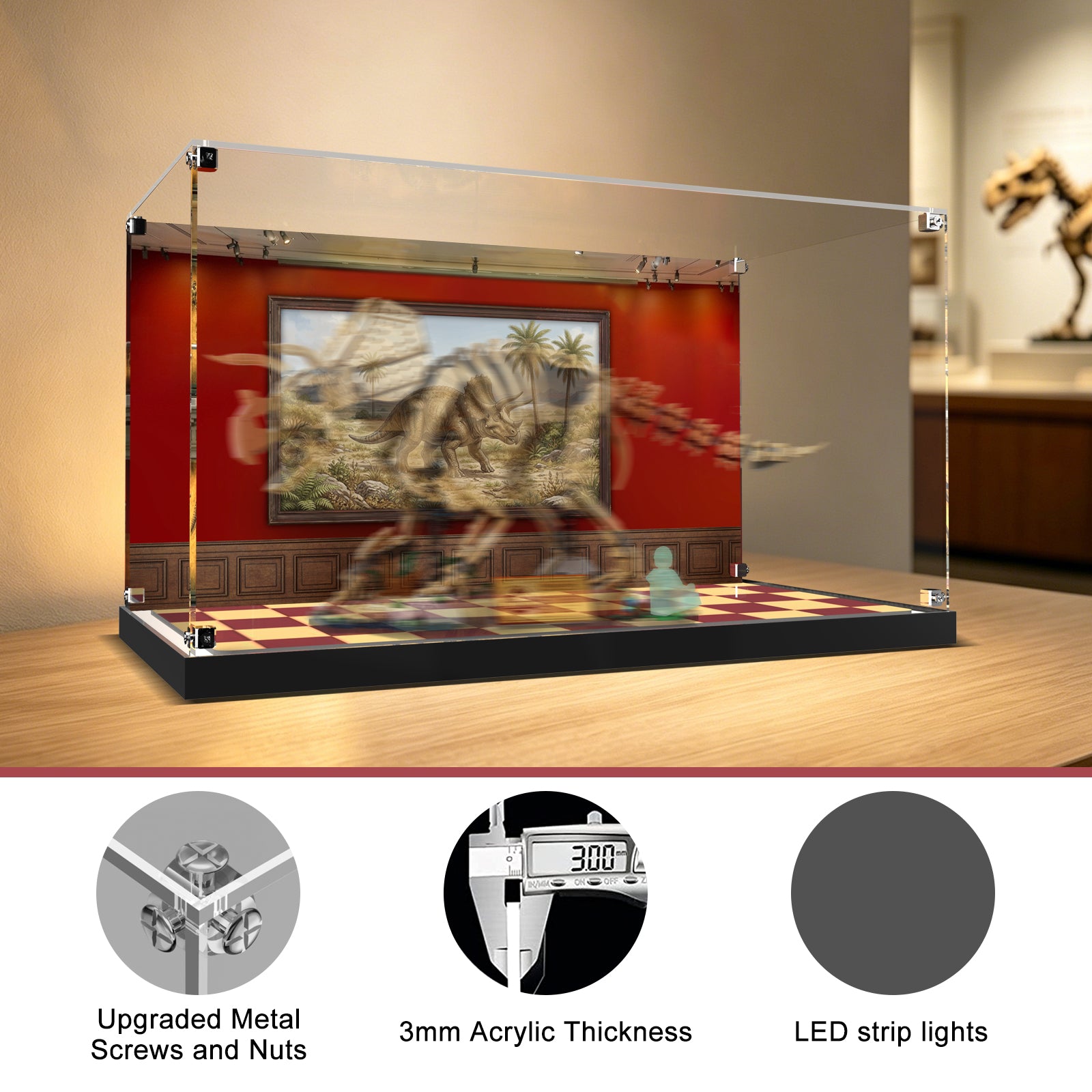 LED Light Acrylic Display Case for LEGO® Jurassic World™ 77985 Dinosaur Fossils: Triceratops (LEGO® Set NOT Include)