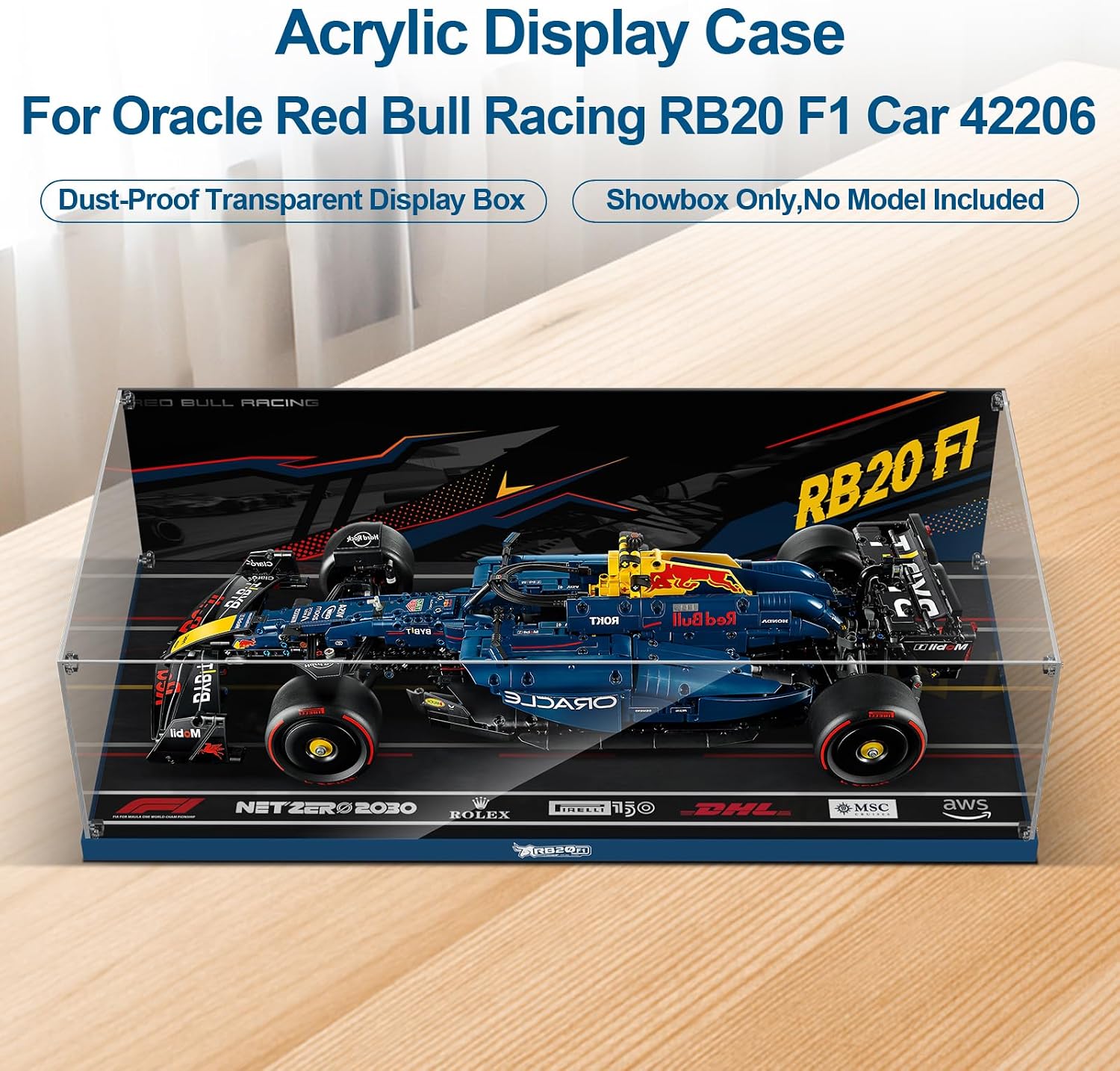 Acrylic Display Case for LEGO® Technic™ 42206 Oracle Red Bull Racing RB20 F1 Car (LEGO® Set Not Included).