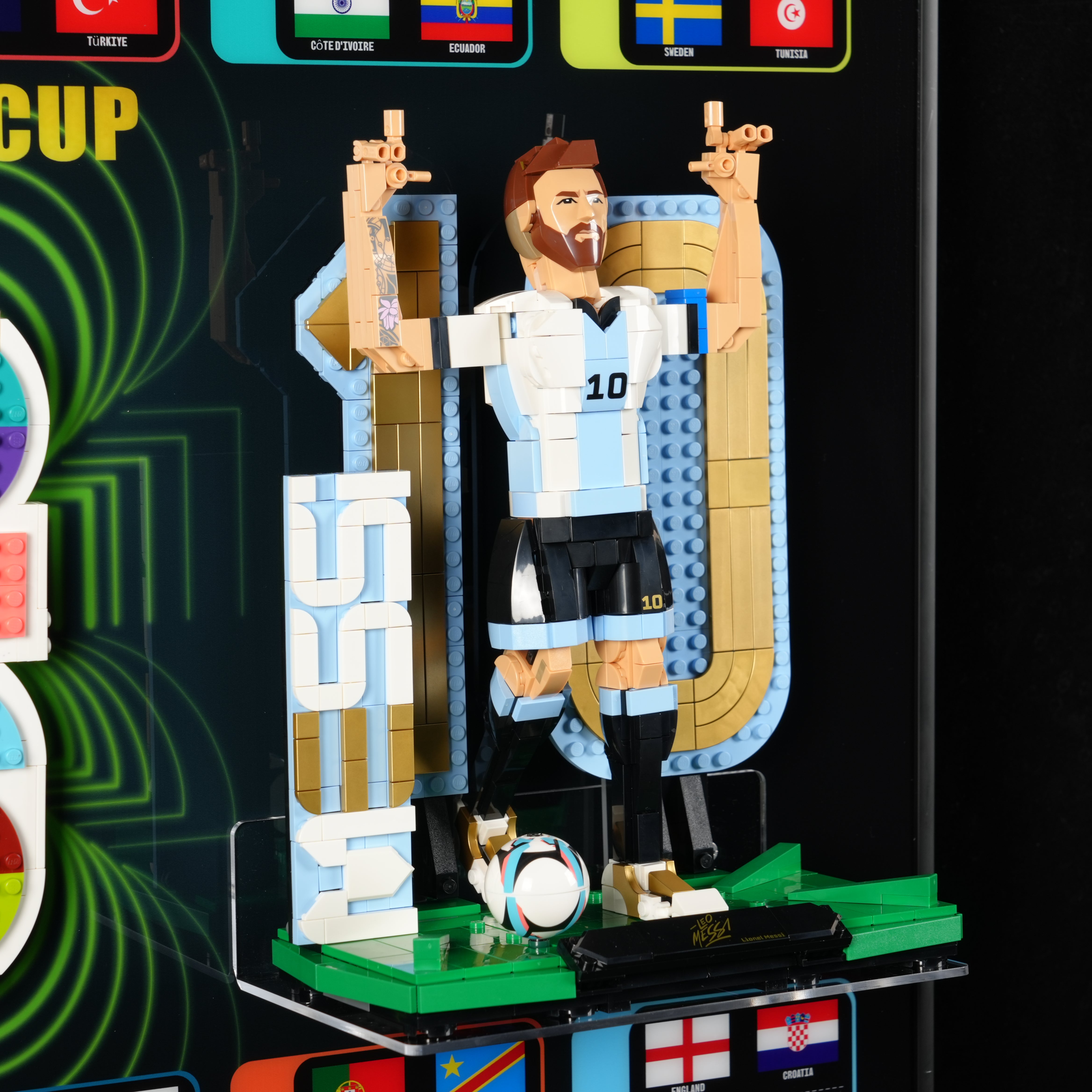 Acrylic Display Wall Mount for LEGO® Editions 43015 Lionel Messi +43032 FIFA World Cup + 43016 Cristiano Ronaldo. 3 in 1 (LEGO® Set Not Included).