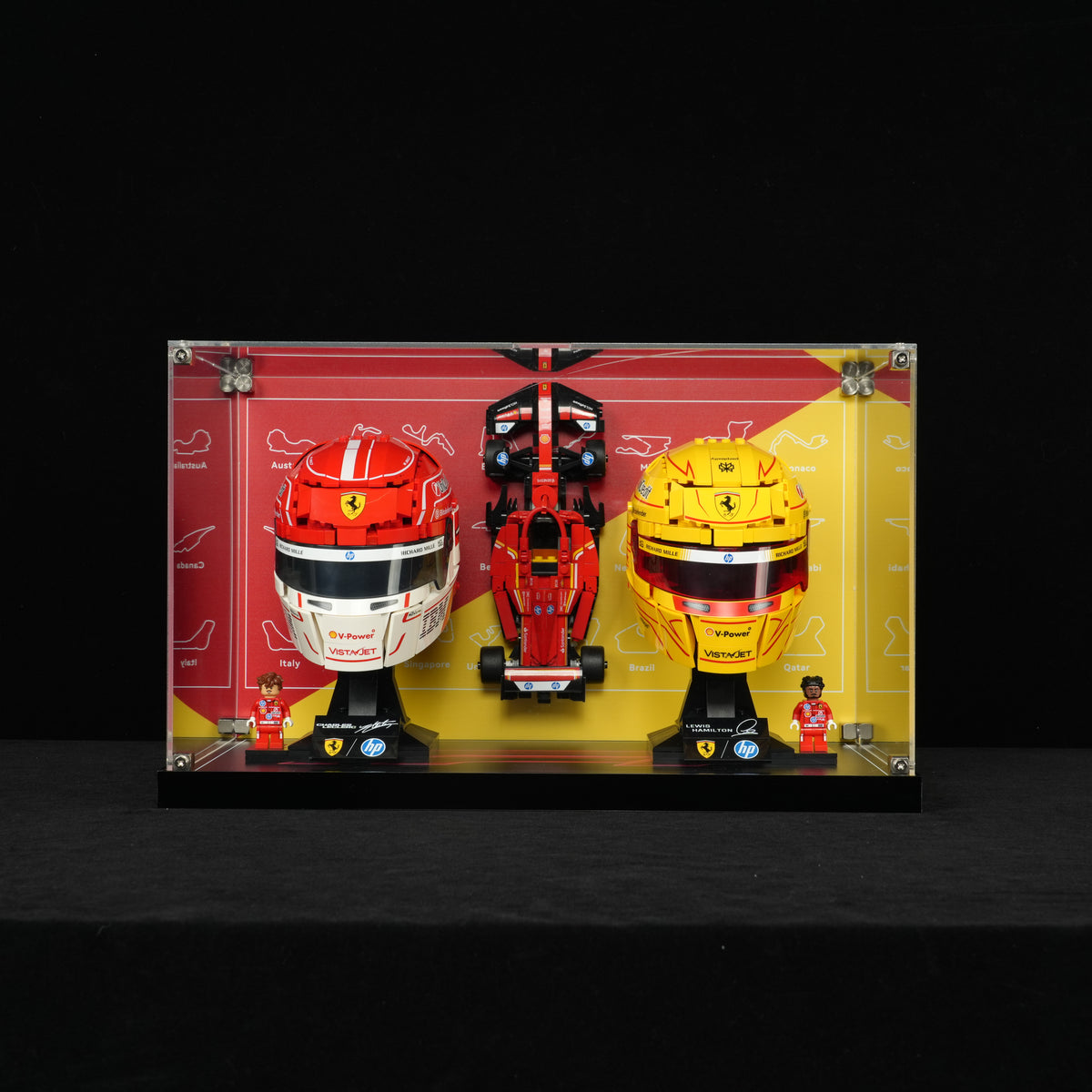 LED Light Acrylic Display Case for LEGO® Editions 43014 Scuderia Ferrari HP Charles Leclerc Helmet and 43022 Scuderia Ferrari HP Lewis Hamilton Helmet (LEGO® Set Not Included)