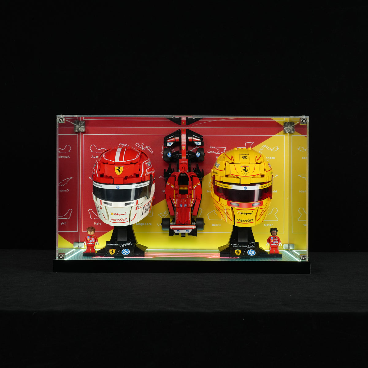 LED Light Acrylic Display Case for LEGO® Editions 43014 Scuderia Ferrari HP Charles Leclerc Helmet and 43022 Scuderia Ferrari HP Lewis Hamilton Helmet (LEGO® Set Not Included)