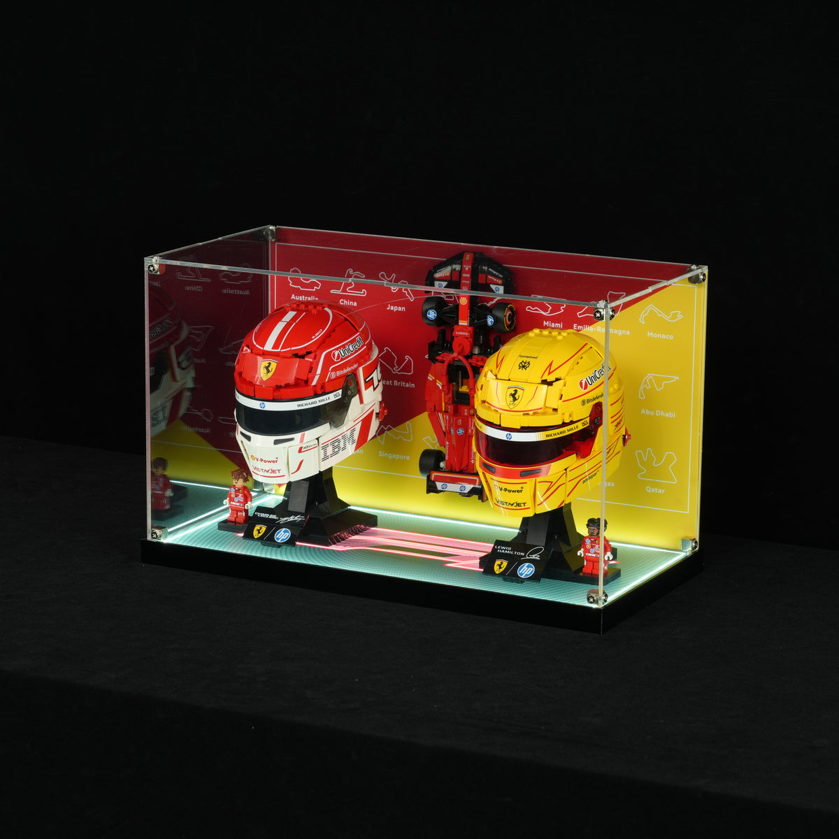 LED Light Acrylic Display Case for LEGO® Editions 43014 Scuderia Ferrari HP Charles Leclerc Helmet and 43022 Scuderia Ferrari HP Lewis Hamilton Helmet (LEGO® Set Not Included)