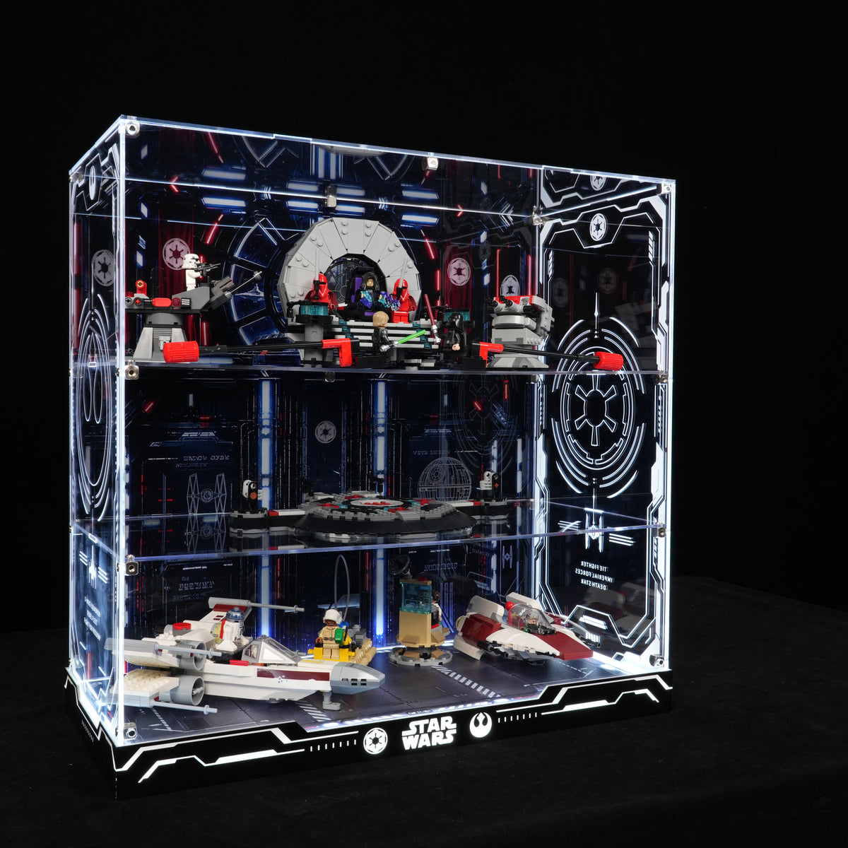 LED Light Acrylic Display Case for LEGO® Star Wars™ 75427 SMART Play™: Throne Room Duel & A-Wing™ & 75421 SMART Play™:Darth Vader's TIE Fighter™ (LEGO® Set Not Included)