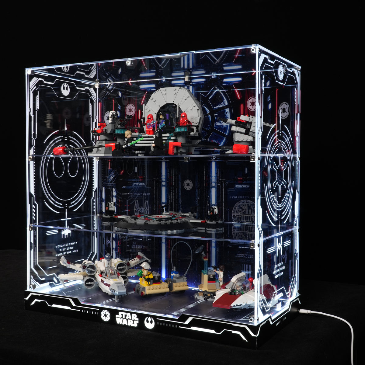 LED Light Acrylic Display Case for LEGO® Star Wars™ 75427 SMART Play™: Throne Room Duel & A-Wing™ & 75421 SMART Play™:Darth Vader's TIE Fighter™ (LEGO® Set Not Included)