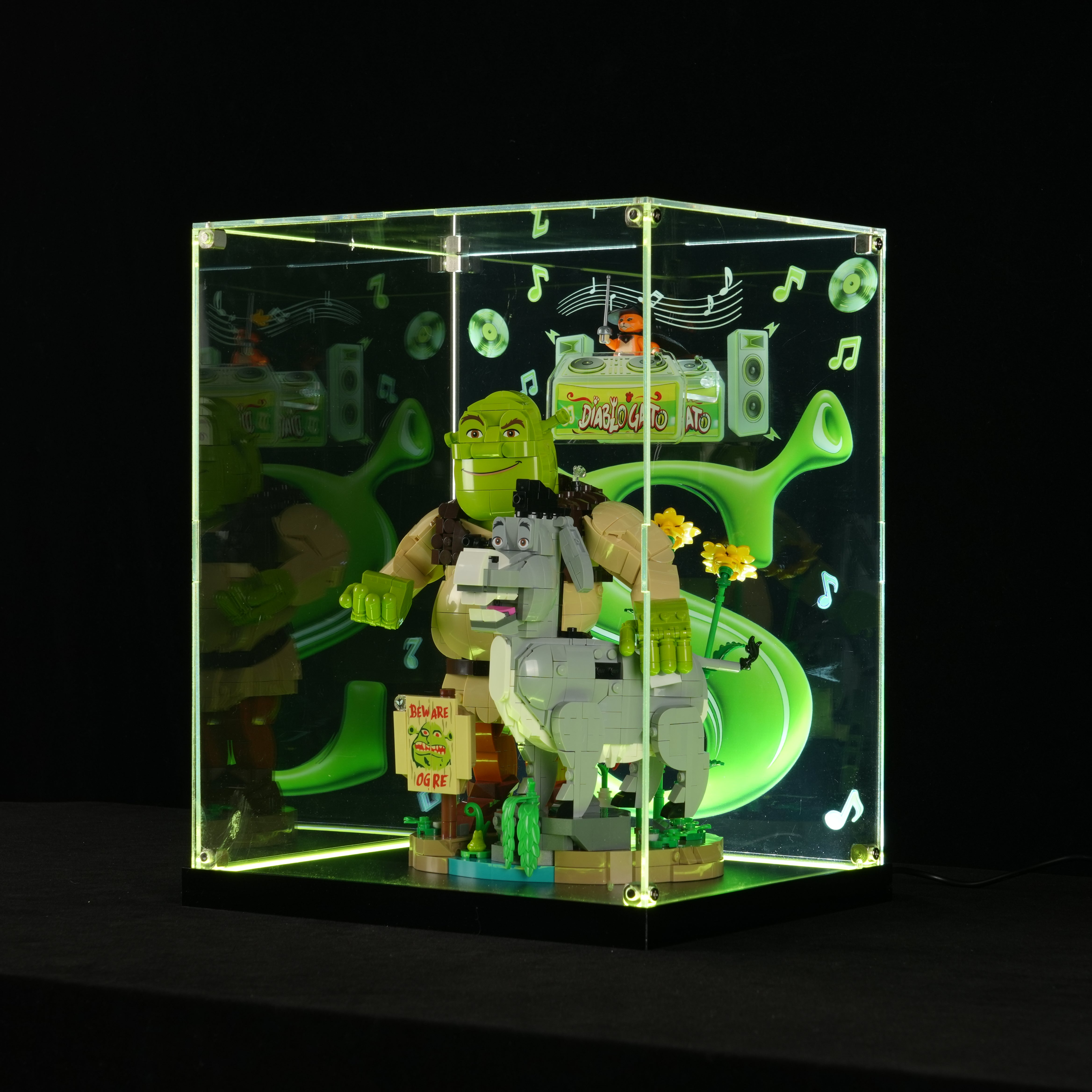 LED Light Acrylic Display Case for LEGO® 72423 Shrek, Donkey & Puss in Boots (LEGO® Set Not Included).