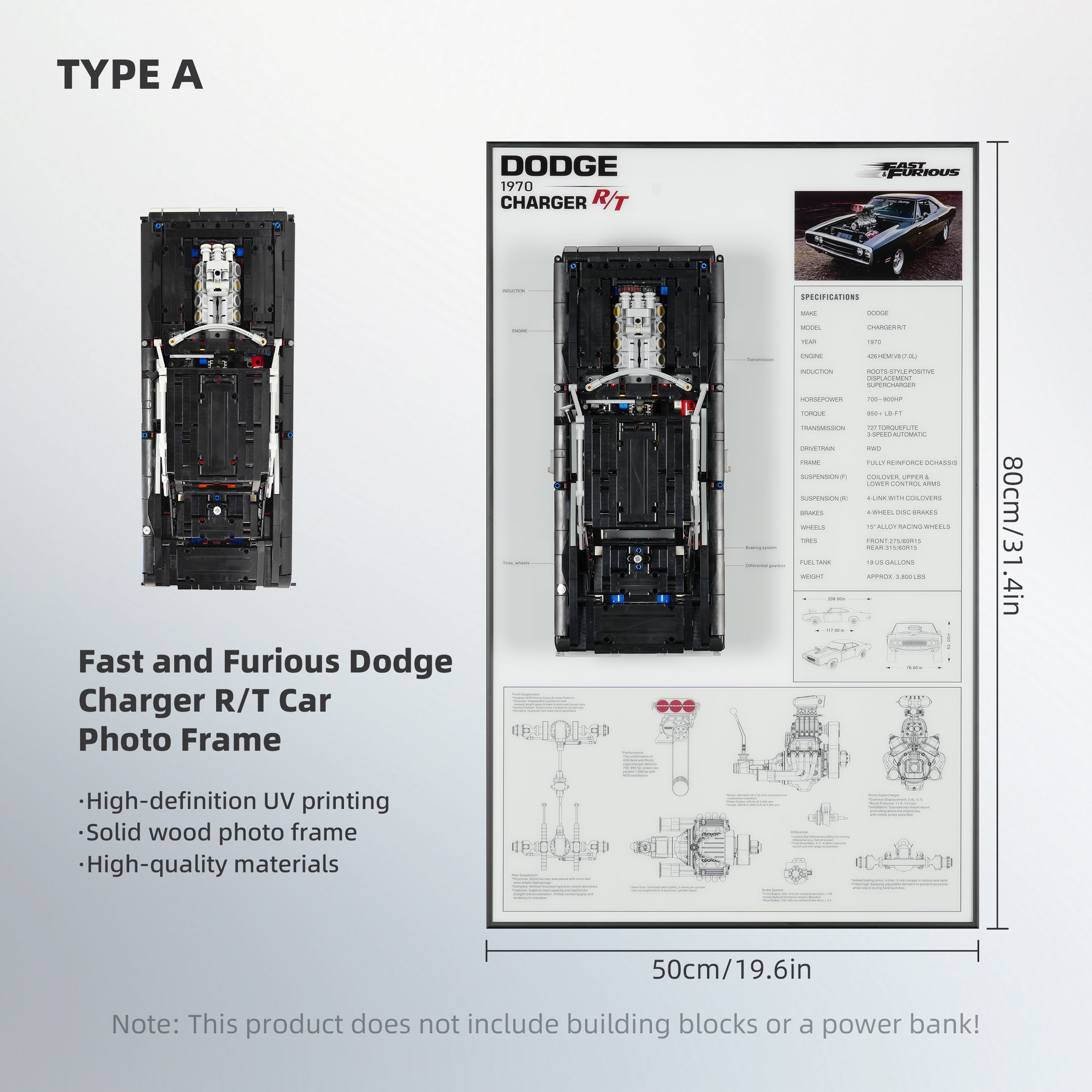 Acrylic Display Wall Mount for LEGO® Technic™ 42231 Fast and Furious Dodge Charger R/T Car (LEGO® Set NOT Include)