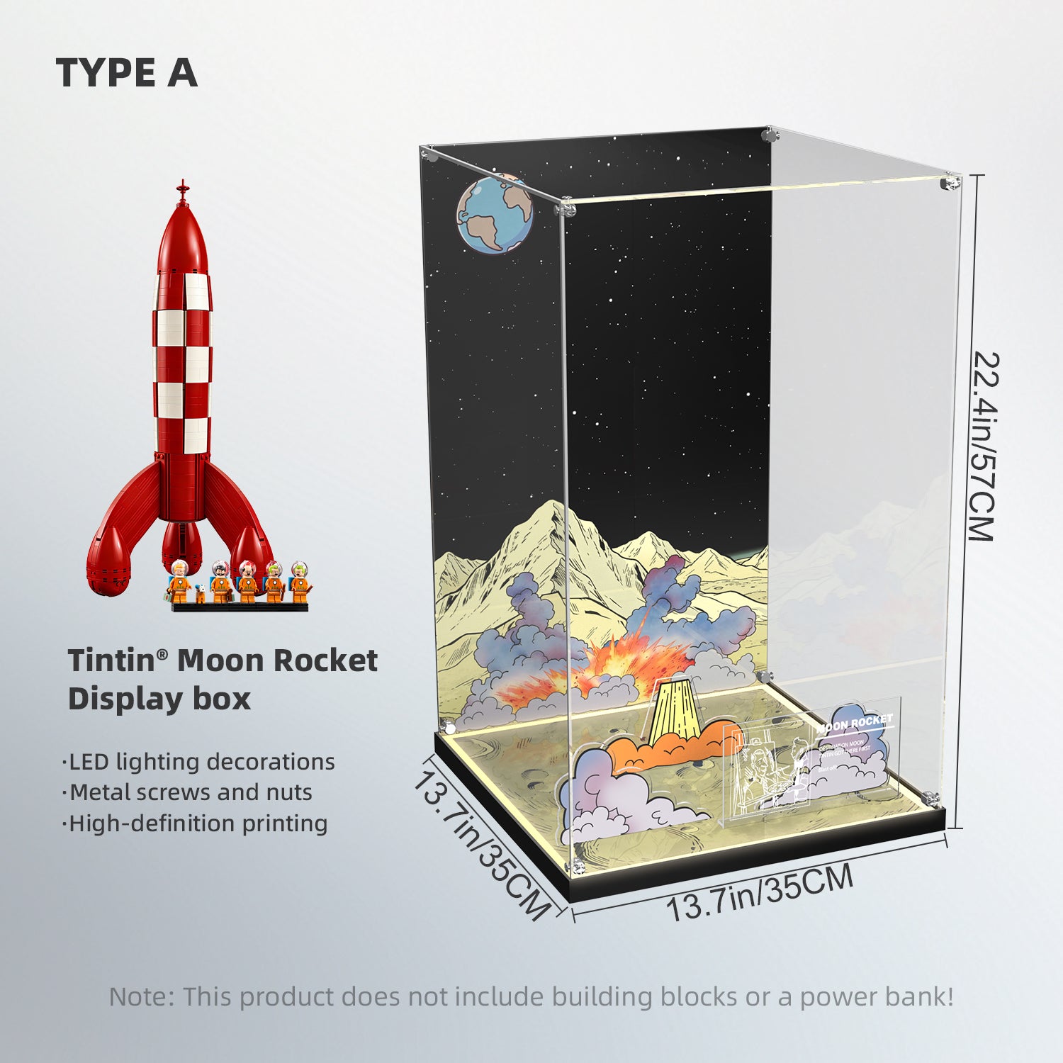 LED Light Acrylic Display Case for LEGO® Ideas 21367 Tintin® Moon Rocket  (LEGO® Set NOT Include)