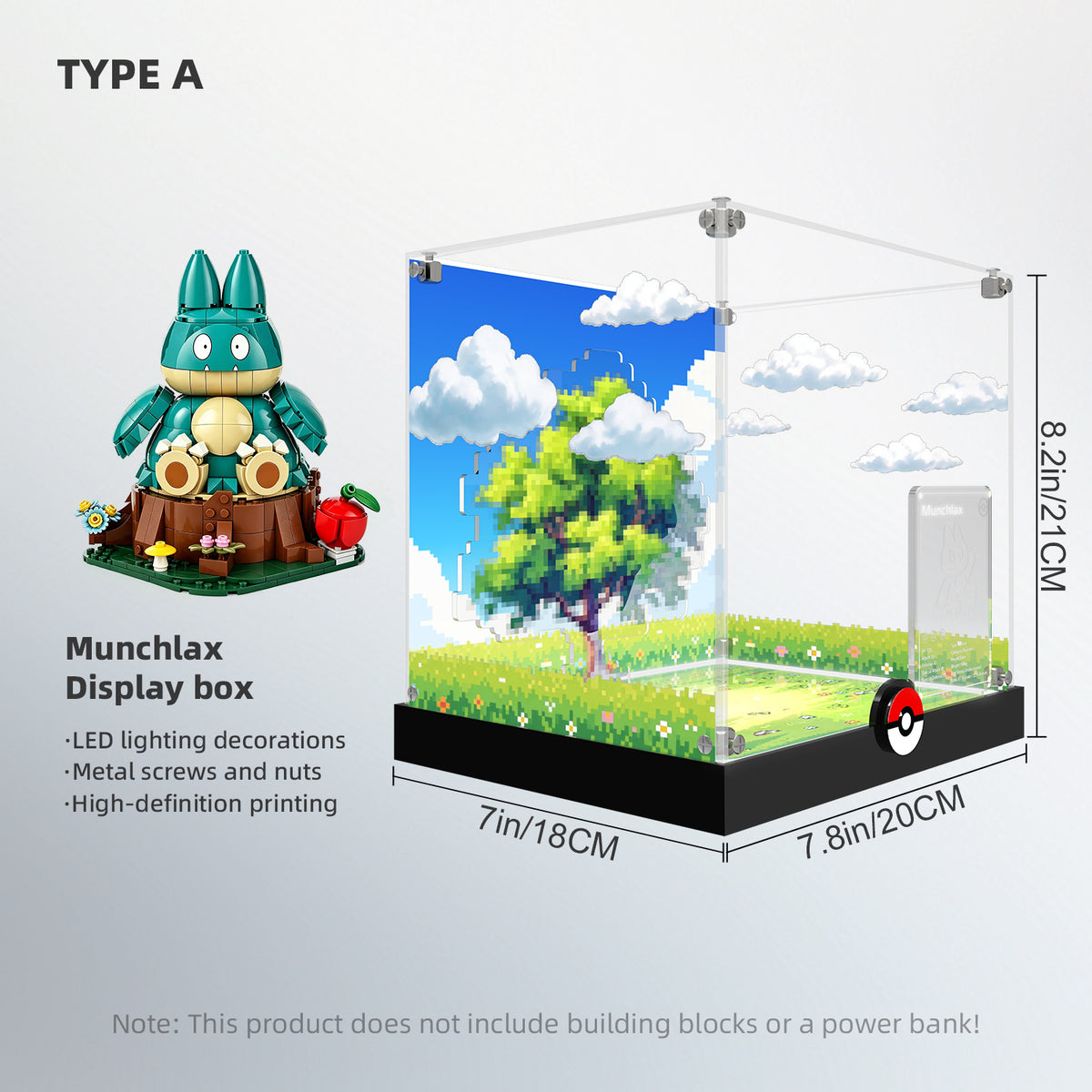 LED Light Acrylic Display Case for LEGO® Pokémon 72150 Munchlax (LEGO® Set Not Included).