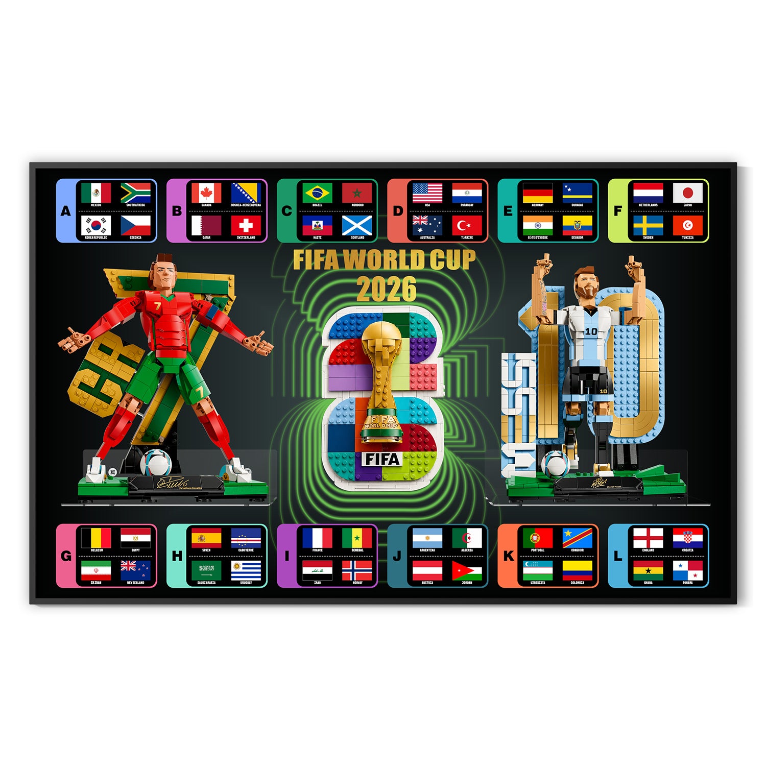 Acrylic Display Wall Mount for LEGO® Editions 43015  Lionel Messi +43032 FIFA World Cup + 43016 Cristiano Ronaldo.  3 in 1 (LEGO® Set Not Included).