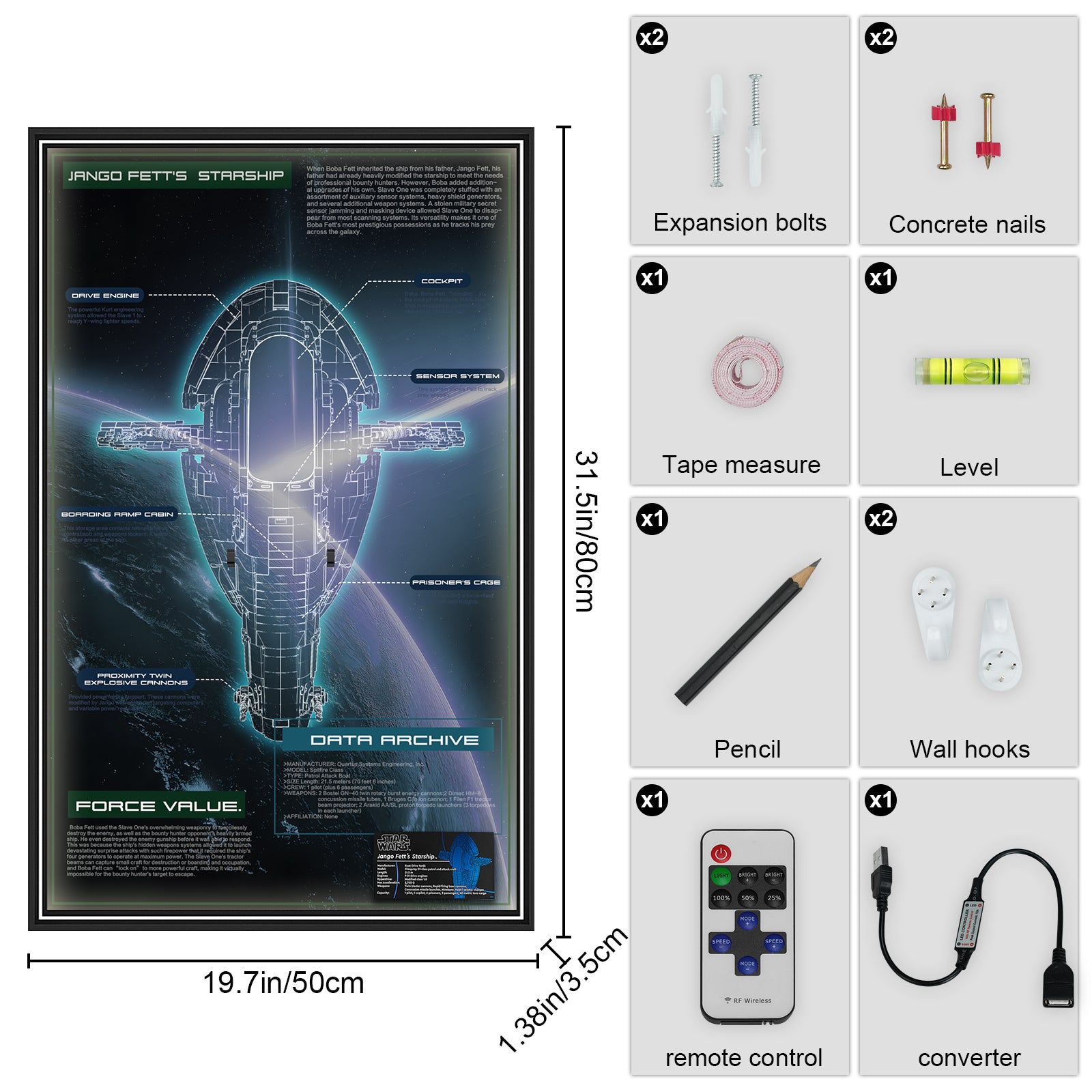LED Light Display Wall Mount for Lego 75409 Star Wars Jango Fett's Firespray-Class Starship (Lego Set Not Included)