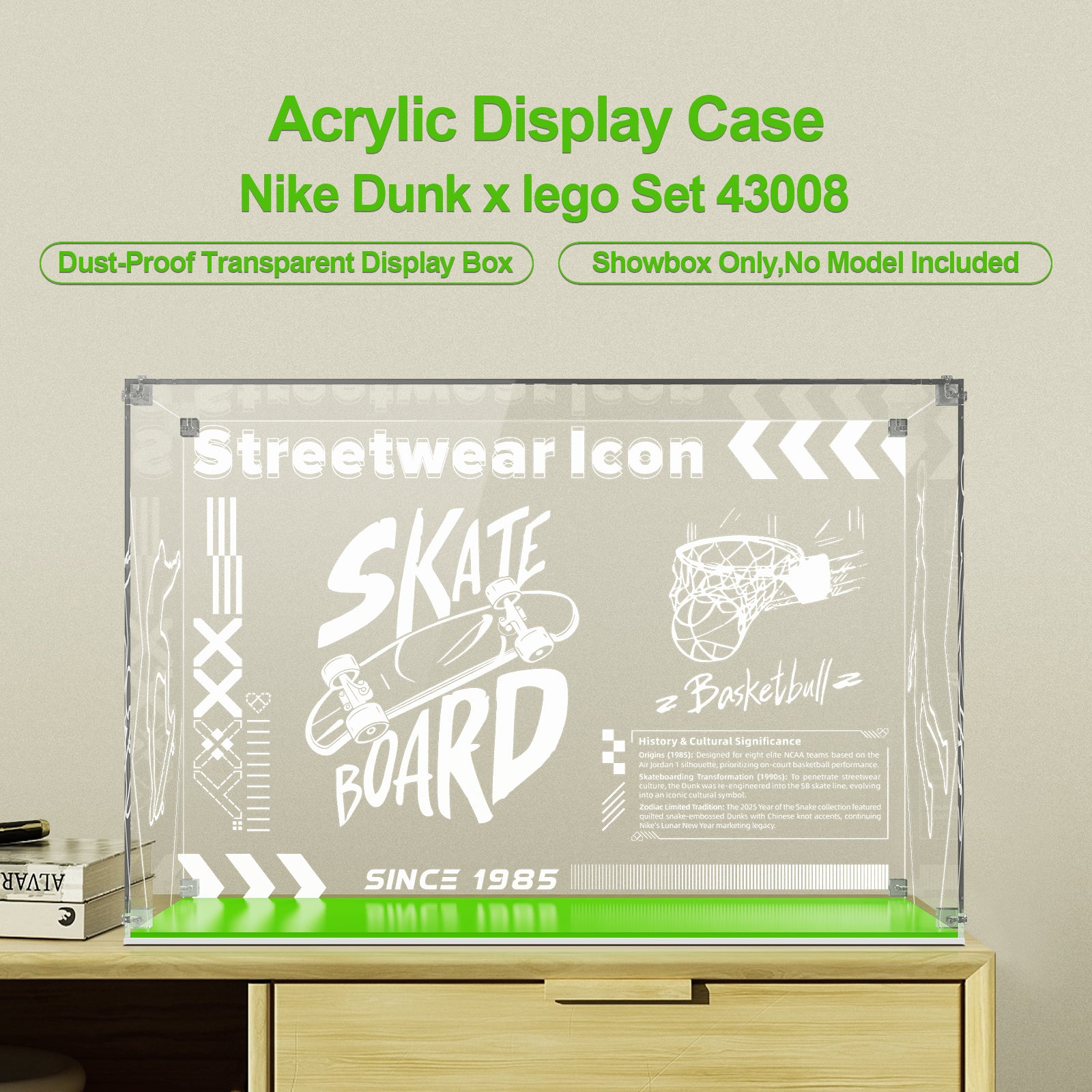 Acrylic Display Case for  Lego 43008 Set x Nike Dunk (Box Only, No Model)