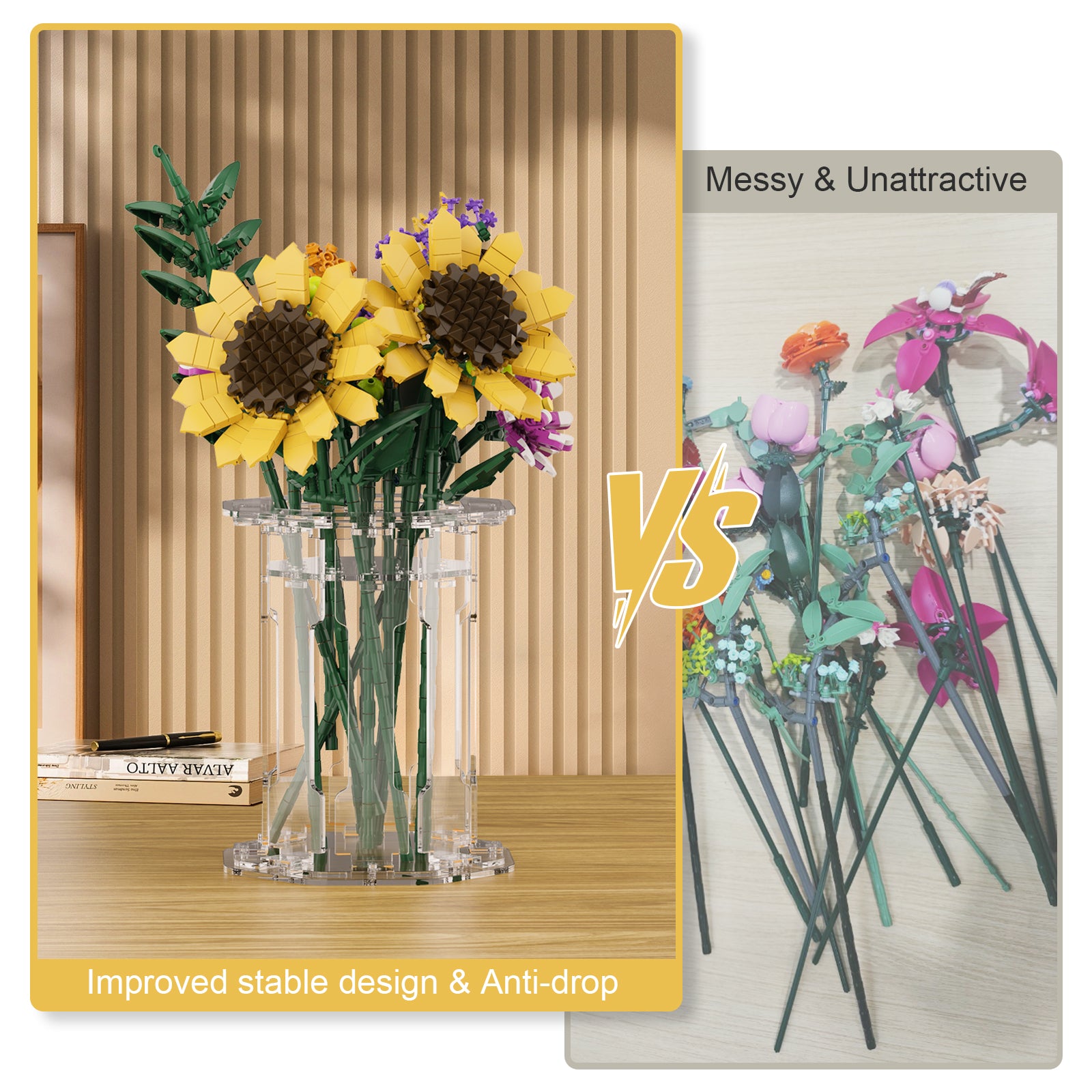 Acrylic Vase for LEGO® Bouquet-Roses Sunflowers Cherry Blossom Sunflowers Lotus (Model Not Included)