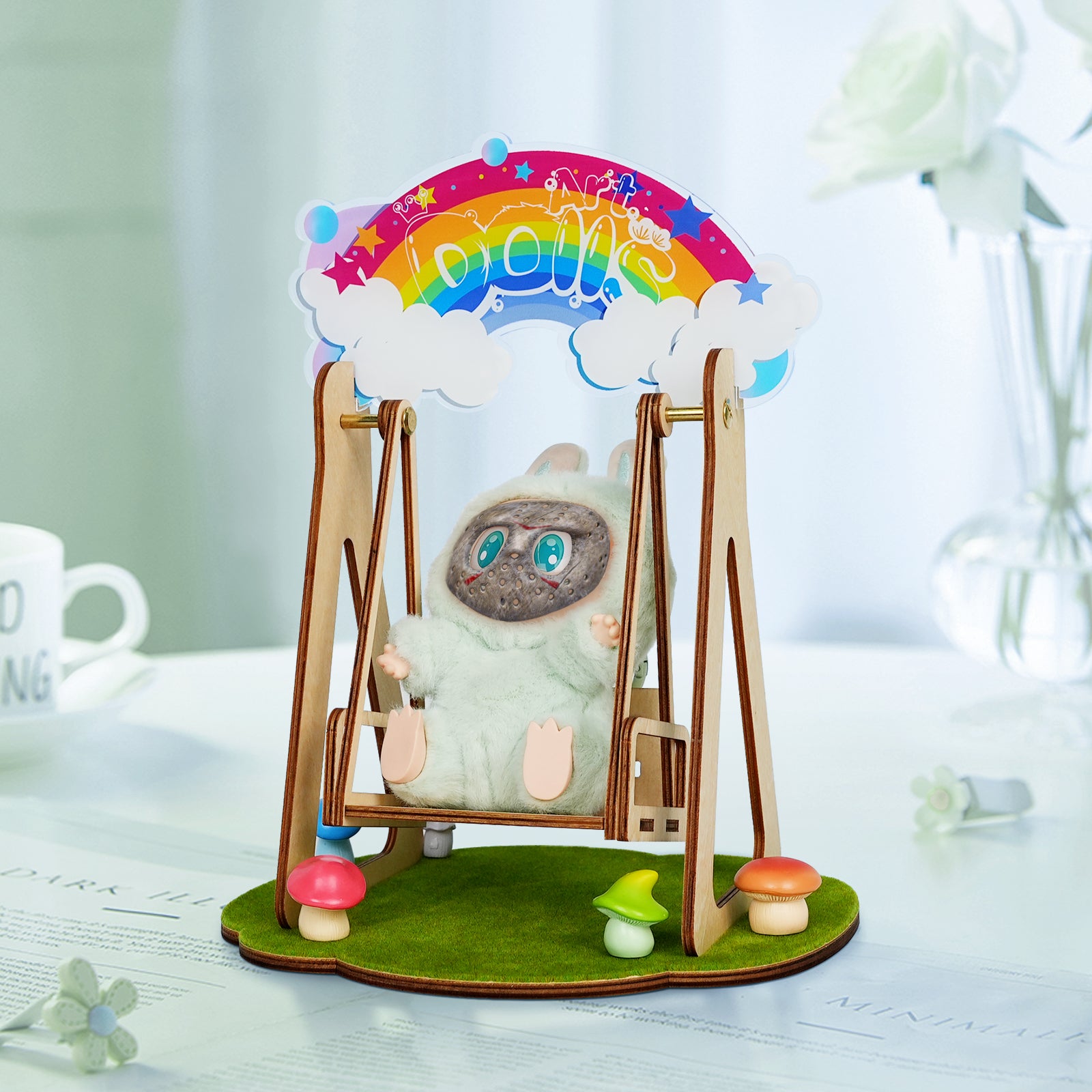 Interactive Mini Wooden Rocking Swing for POP MART® Labubu 6" Plush Doll (Model Not Included)