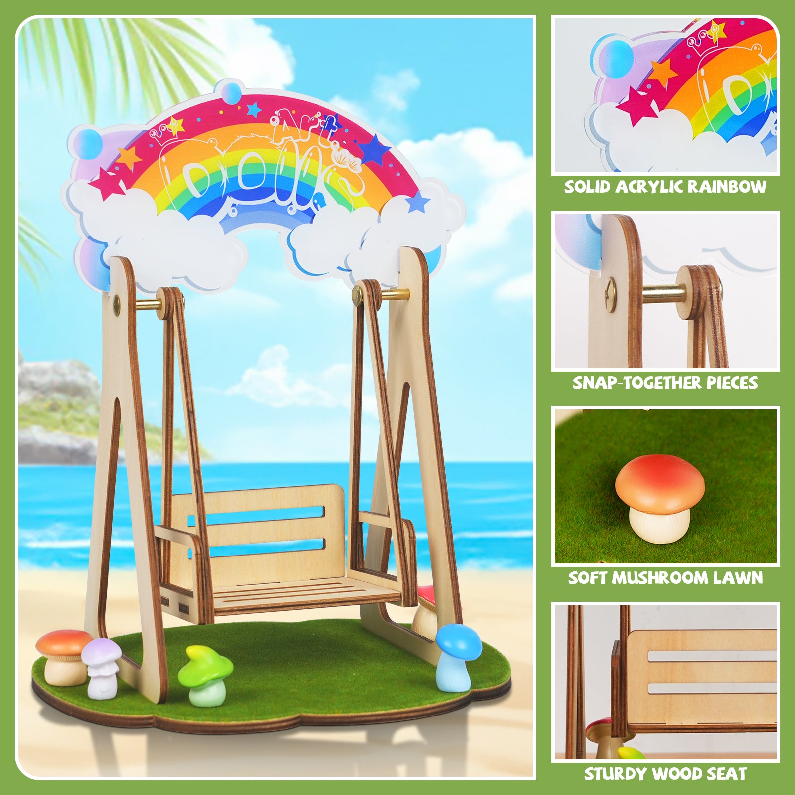 Interactive Mini Wooden Rocking Swing for POP MART® Labubu 6" Plush Doll (Model Not Included)