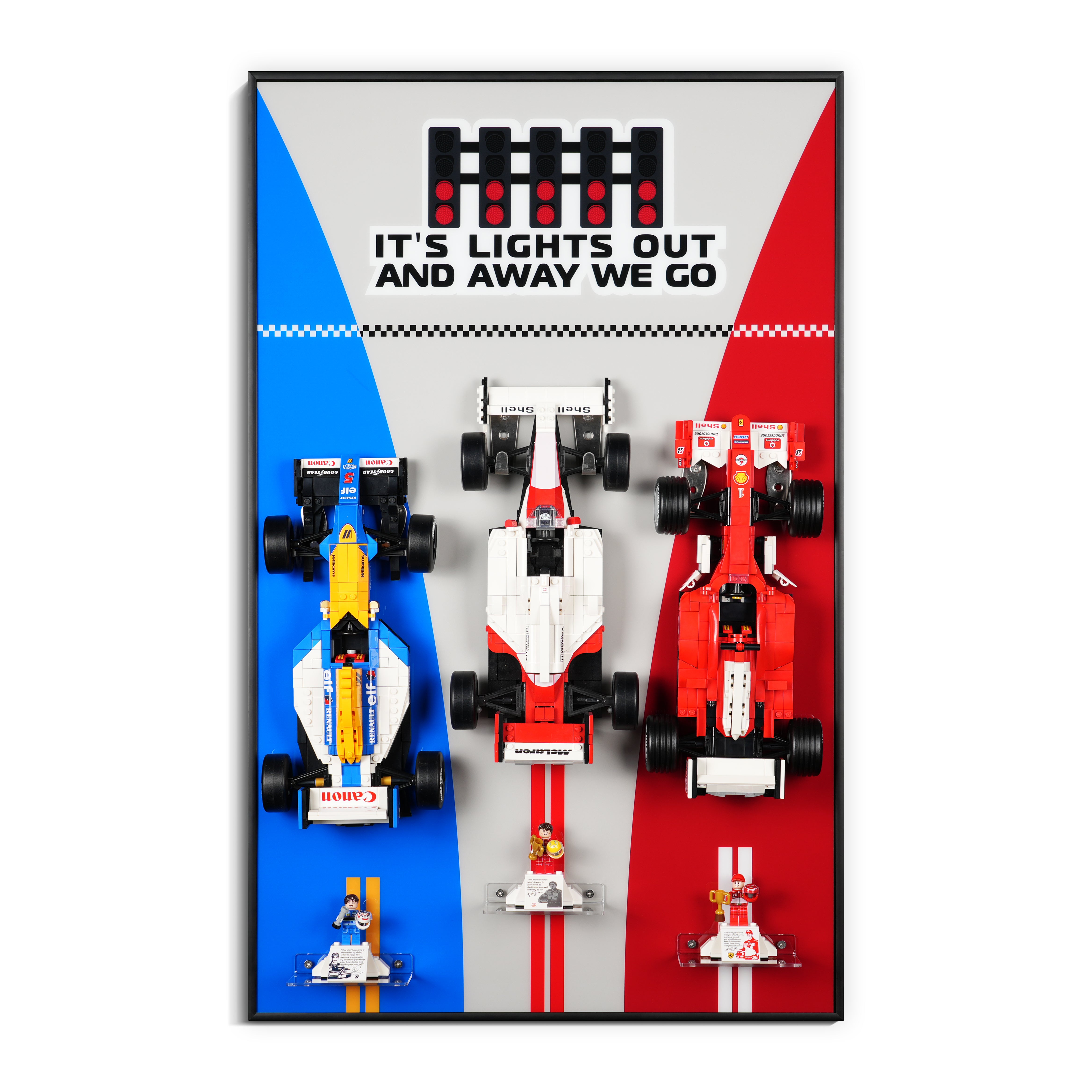 Acrylic Display Wall Mount for LEGO® Icons 10330+10353+11375 - McLaren MP4/4 & Ayrton Senna + Williams Racing FW14B & Nigel Mansell + Ferrari F2004 & Michael Schumacher F1 Car (LEGO® Set NOT Include)