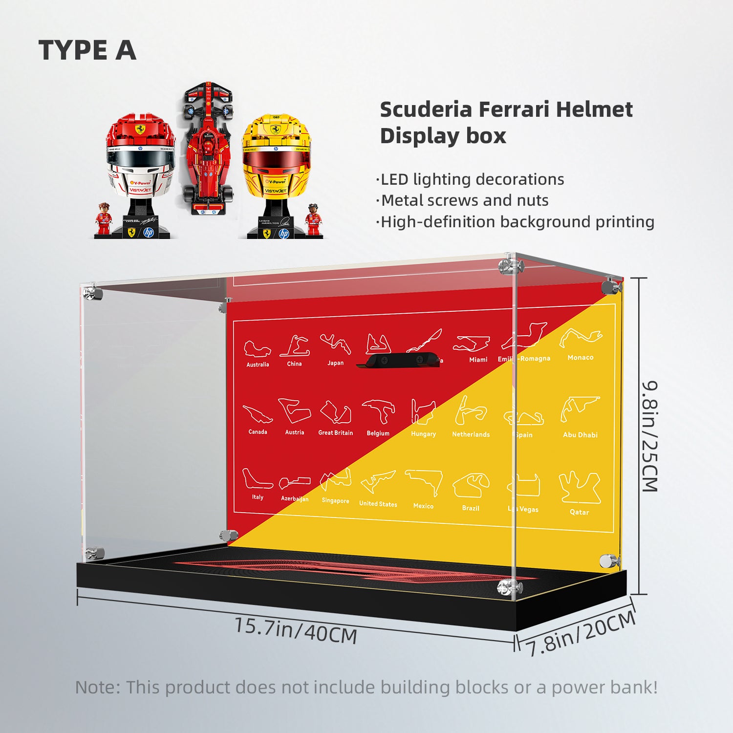 LED Light Acrylic Display Case for LEGO® Editions 43014 & 43022 Scuderia Ferrari HP Charles Leclerc Helmet & Lewis Hamilton Helmet (LEGO® Set NOT Include)