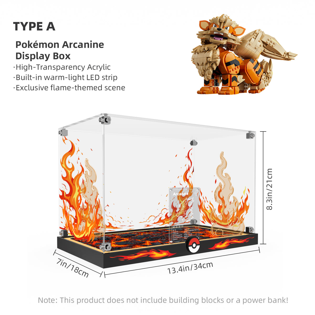 LED Light Acrylic Display Case for LEGO® Pokémon 72160 Arcanine (LEGO® Set NOT Include)