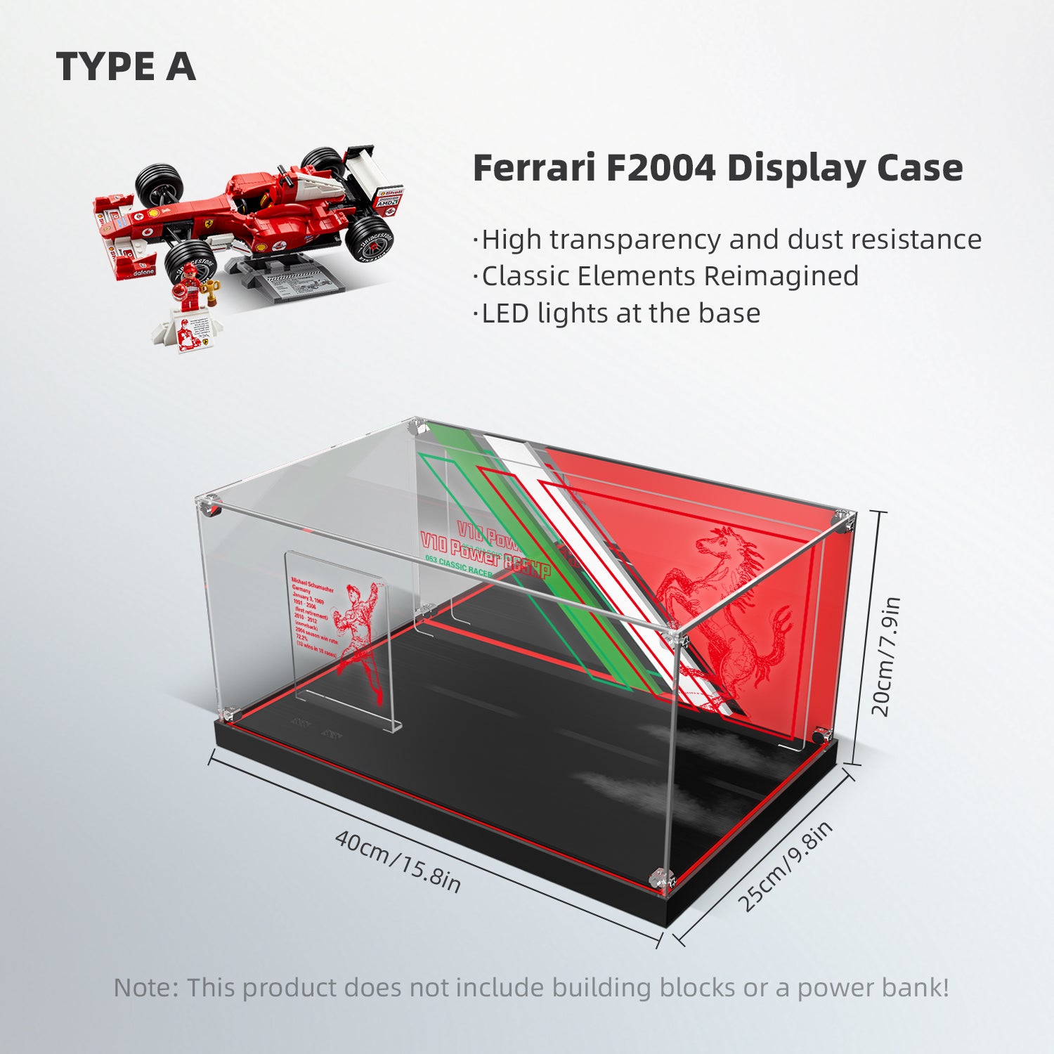 LED Light Acrylic Display Case for LEGO® Icons 11375 Ferrari F2004 F1 Car & Michael Schumacher (LEGO® Set NOT Include)