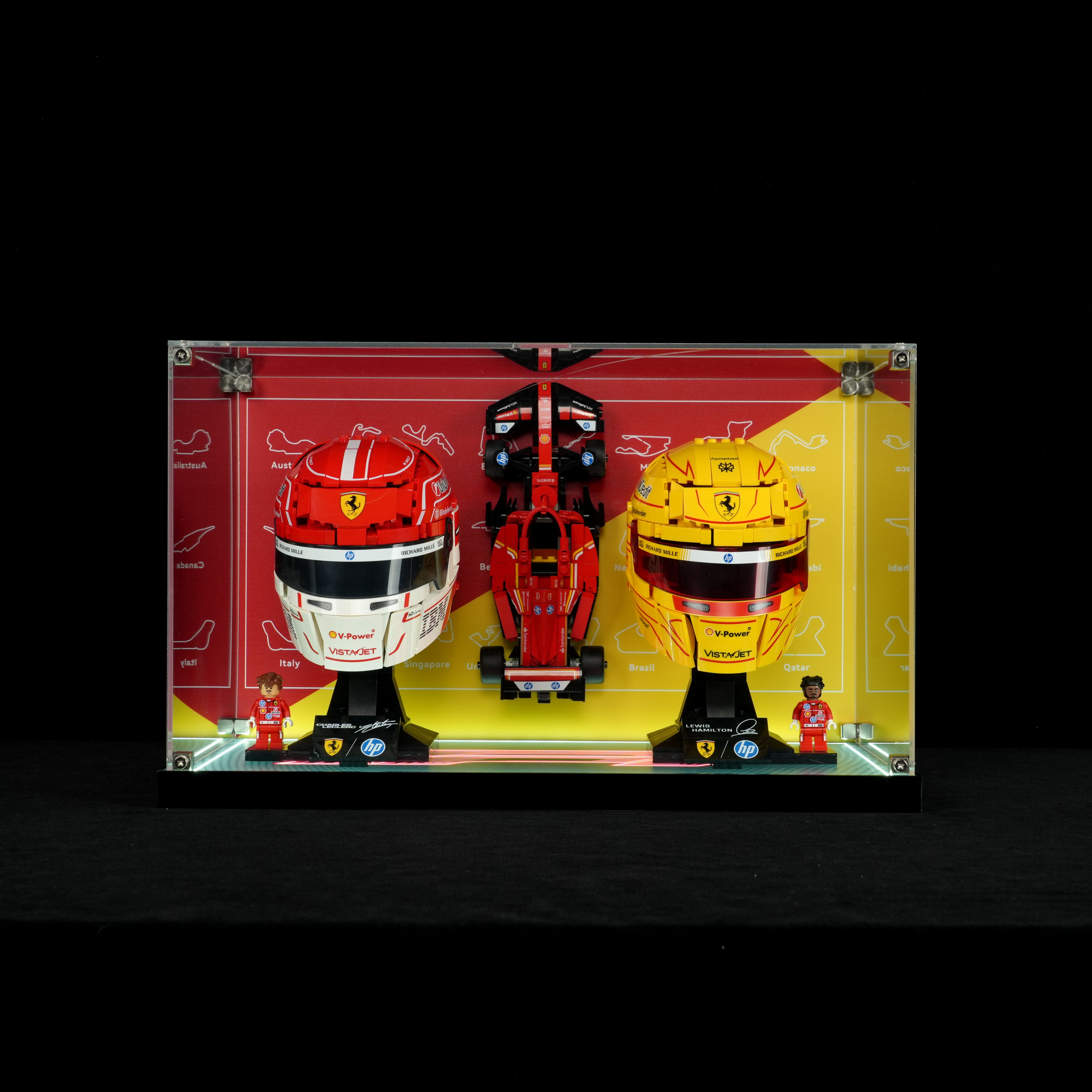LED Light Acrylic Display Case for LEGO® Editions 43014 & 43022 Scuderia Ferrari HP Charles Leclerc Helmet & Lewis Hamilton Helmet (LEGO® Set NOT Include)