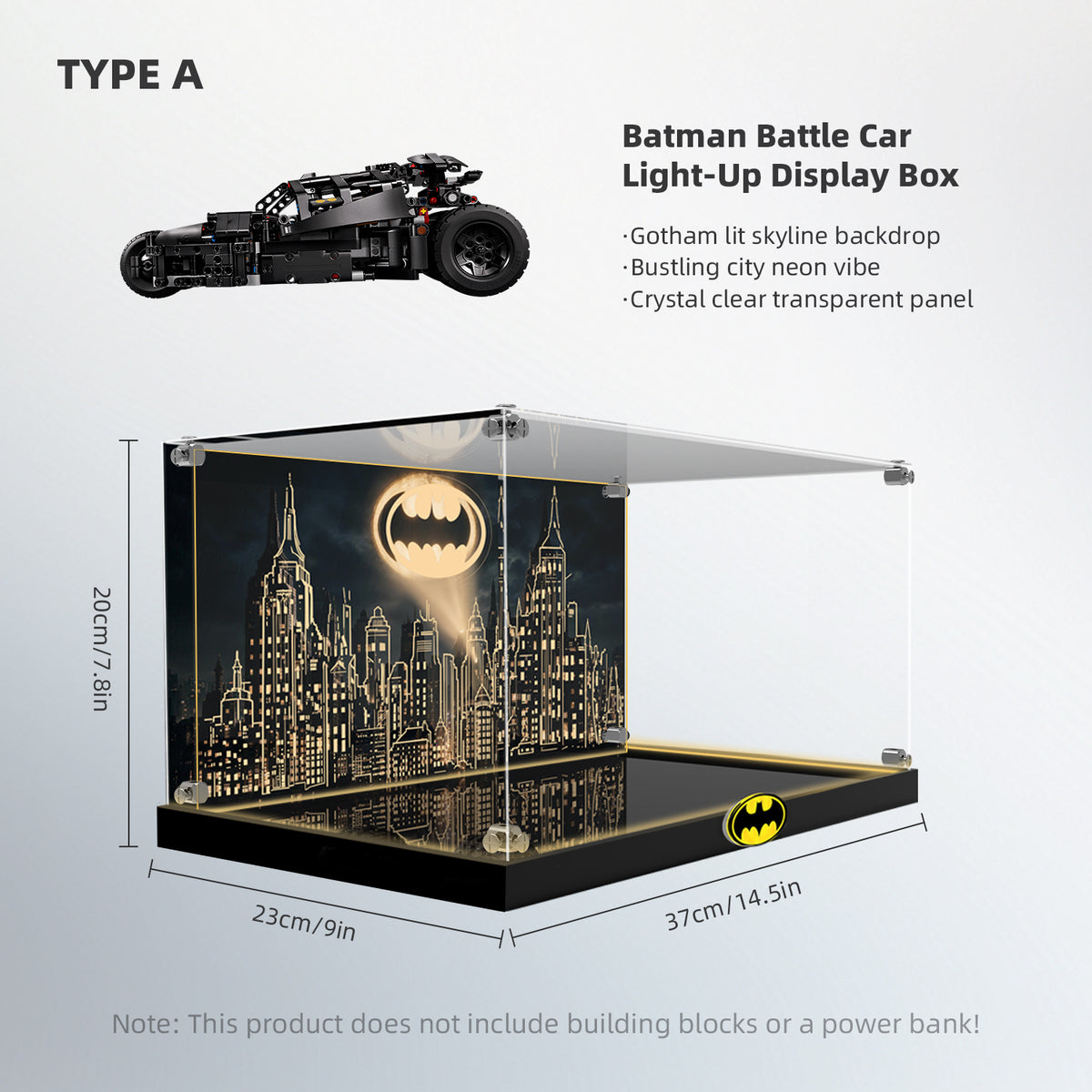 LED Light Acrylic Display Case for LEGO® Batman™ 42239 Batmobile™ Tumbler (LEGO® Set Not Included)