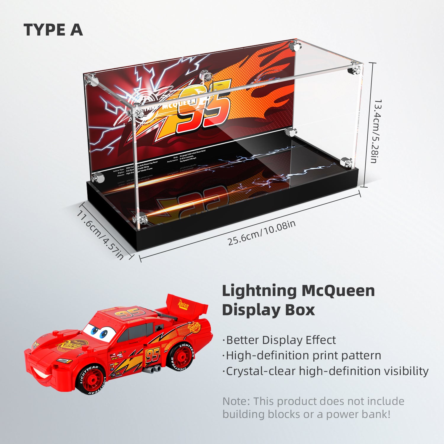 LED Light Acrylic Display Case for LEGO® Disney™ 77255 Lightning McQueen (LEGO® Set Not Included).