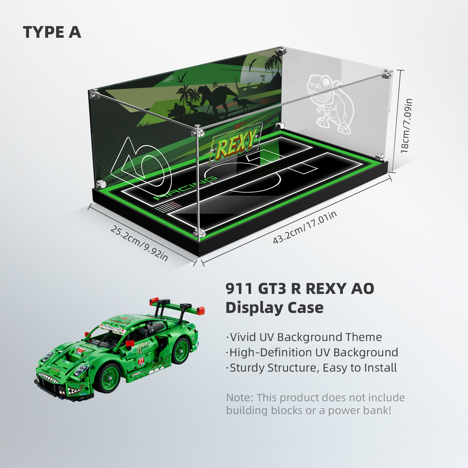 LED Light Acrylic Display Case for LEGO®  Technic™ 42224 Porsche 911 GT3 R REXY AO Racing Car (LEGO® Set Not Included).