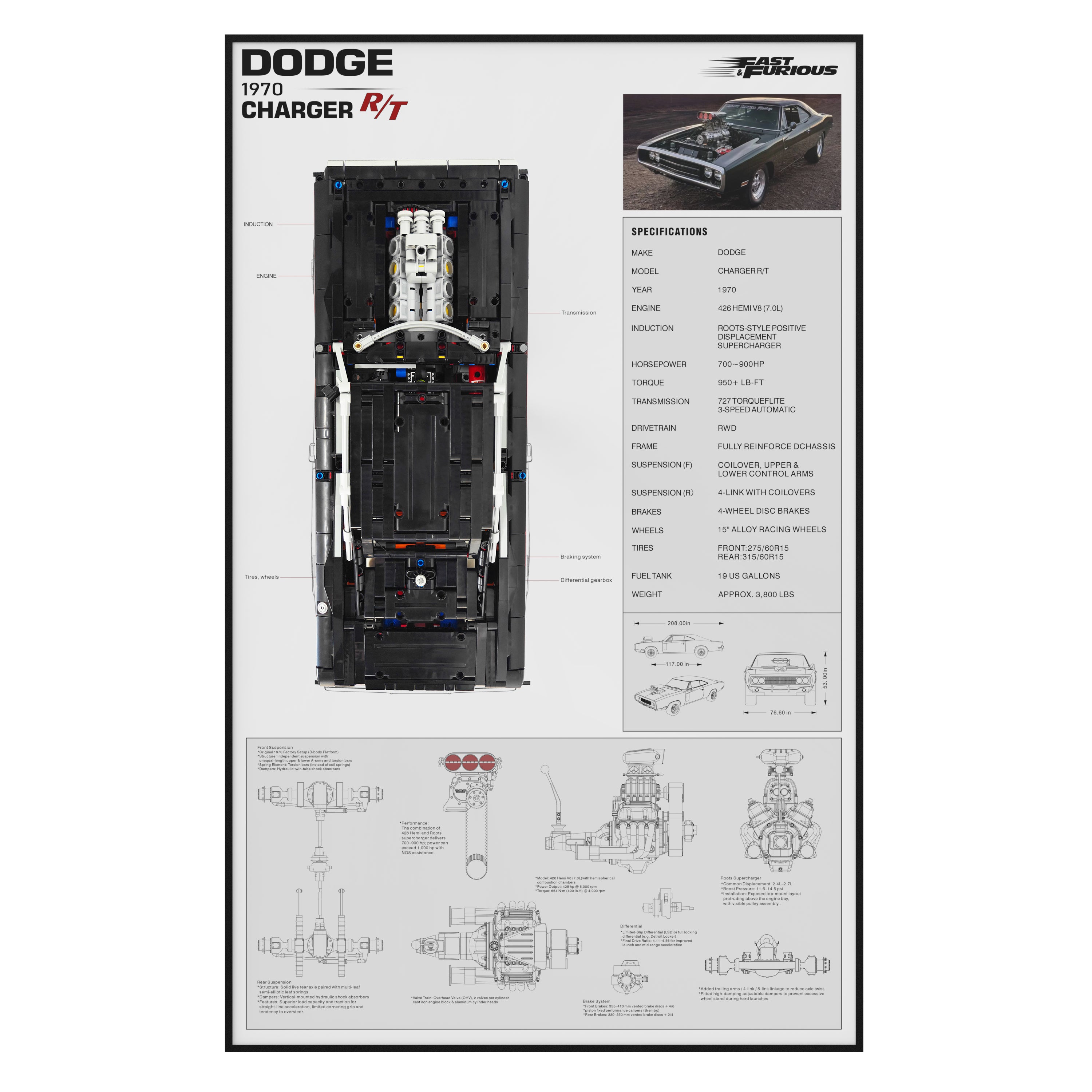 Acrylic Display Wall Mount for LEGO® Technic™ 42231 Fast and Furious Dodge Charger R/T Car (LEGO® Set NOT Include)