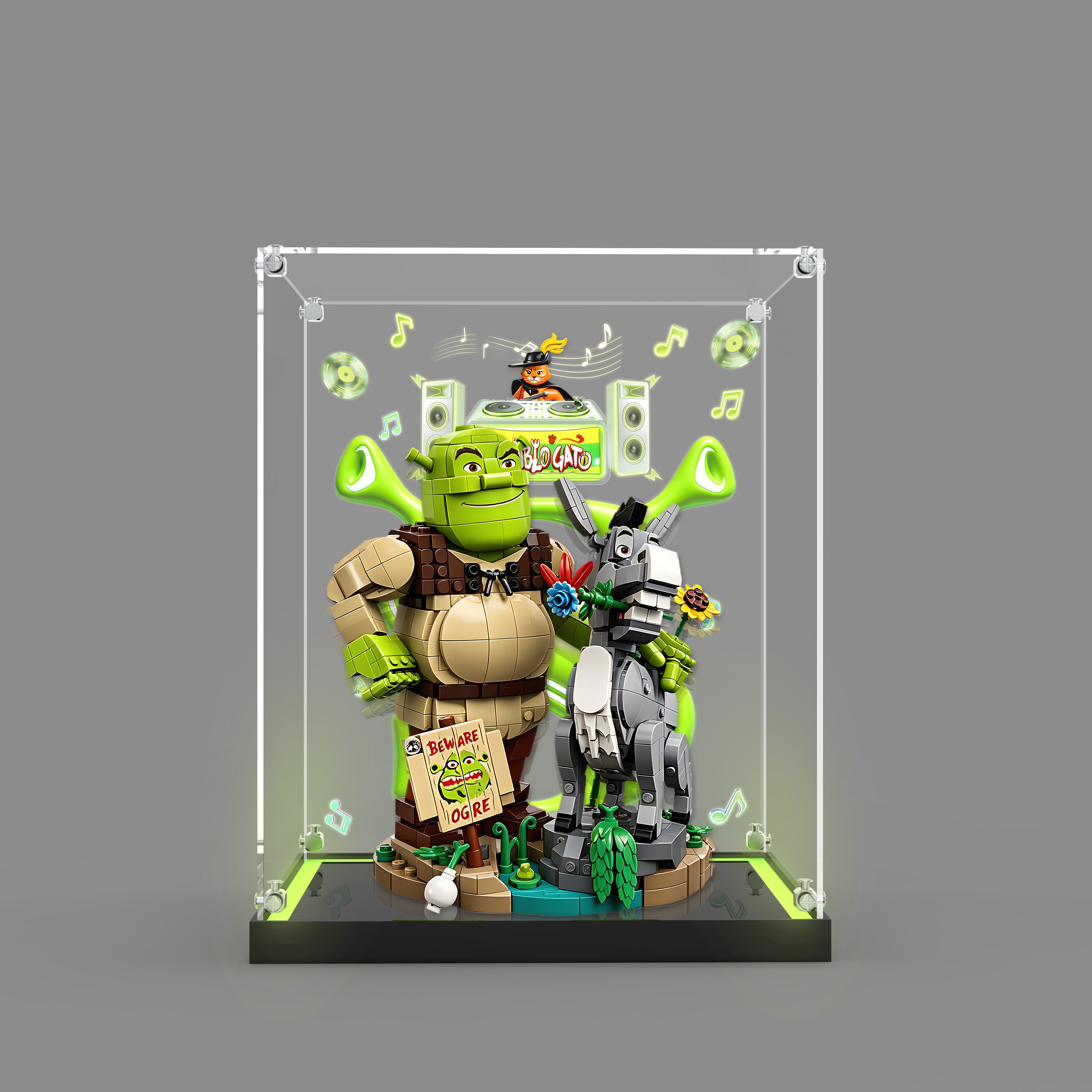 LED Light Acrylic Display Case for LEGO® 72423 Shrek, Donkey & Puss in Boots (LEGO® Set Not Included).