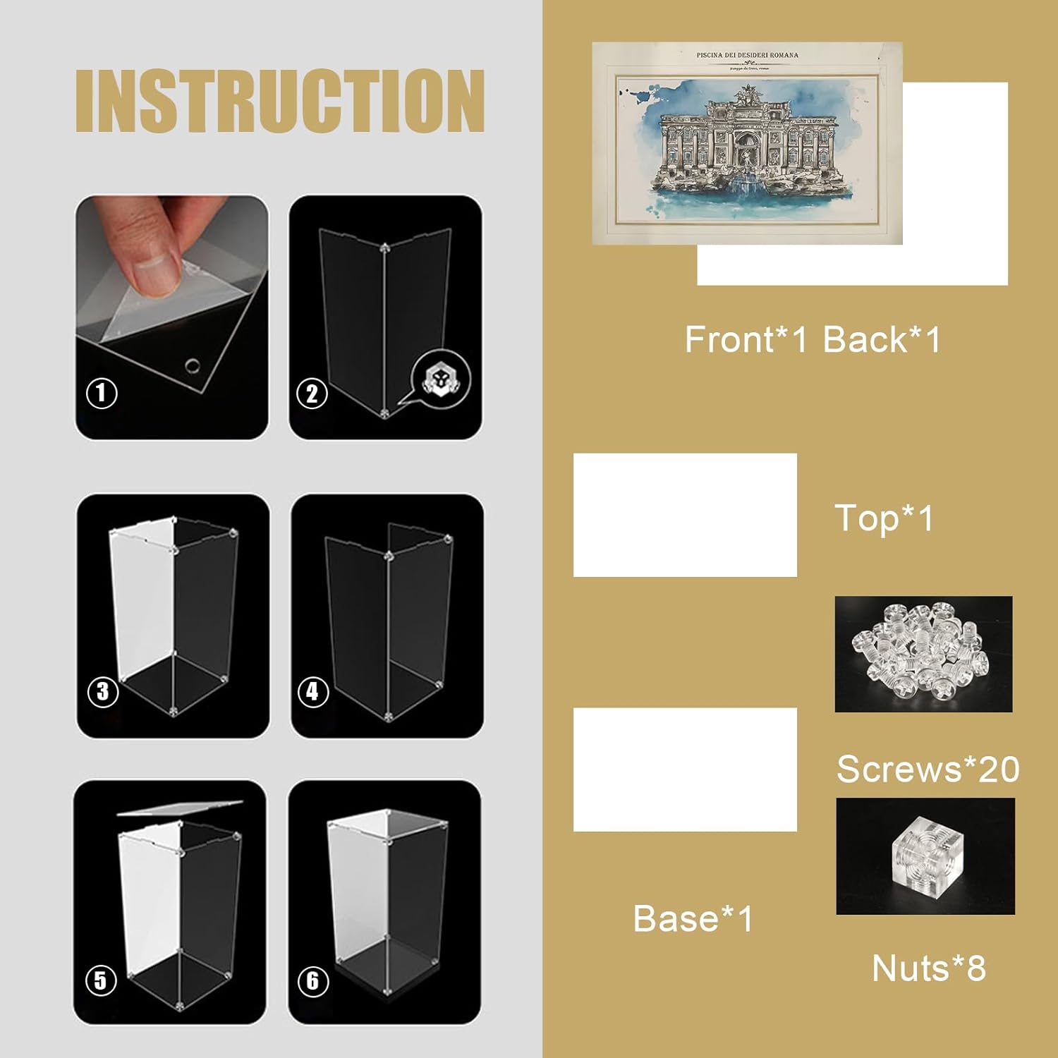 Acrylic Display Case for Lego Trevi Fountain 21062 (Lego Set NOT Include)