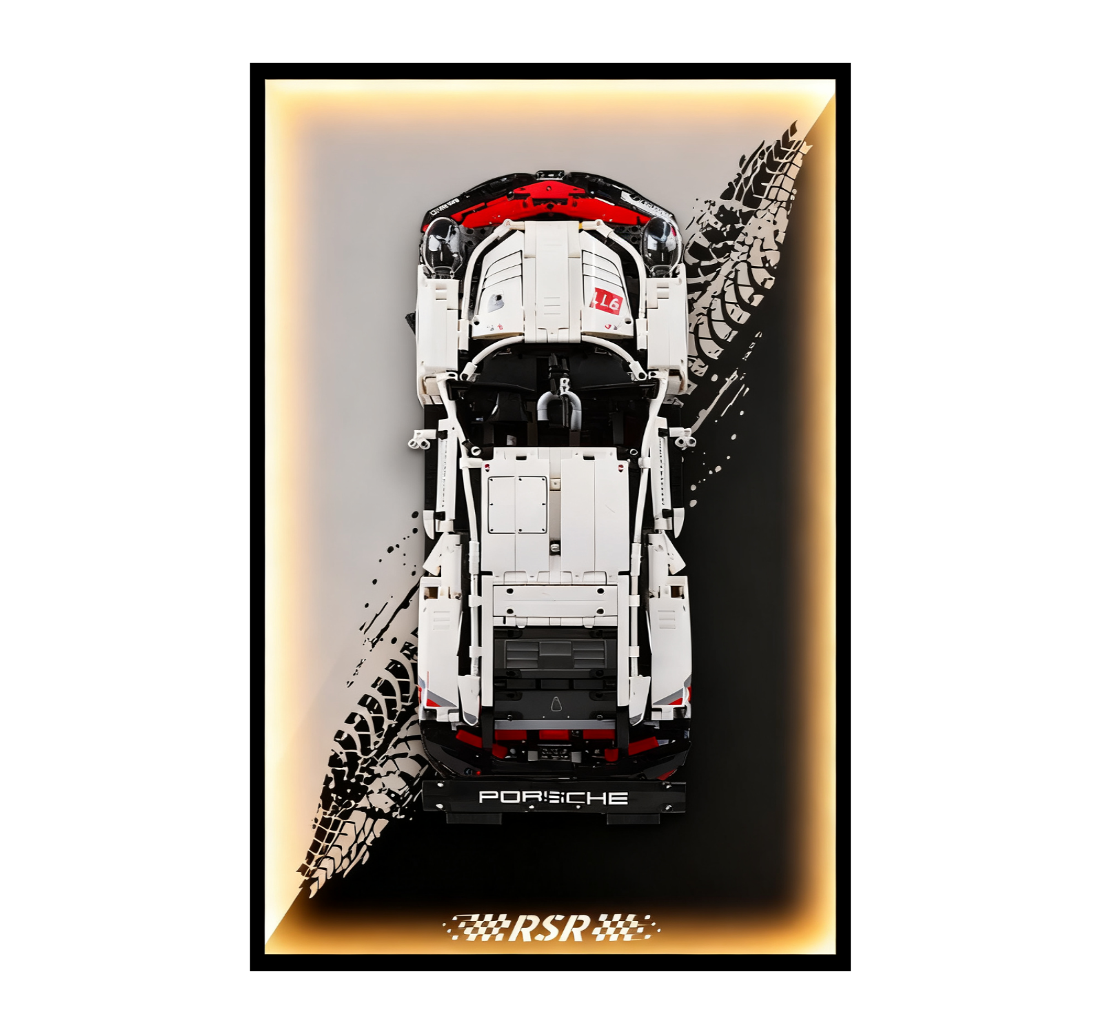 Wandhalterung zur Präsentation des LEGO® Technic Porsche 911 RSR Rennwagens (LEGO-Set nicht enthalten)