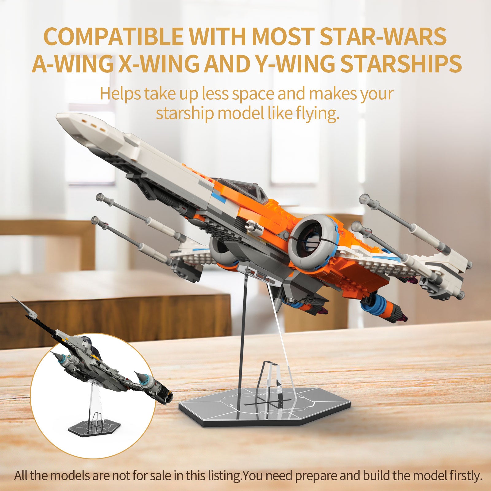 Universal Acrylic Display Stand with Mirror Base for LEGO® Star Wars Spaceship (LEGO® Set NOT Included)