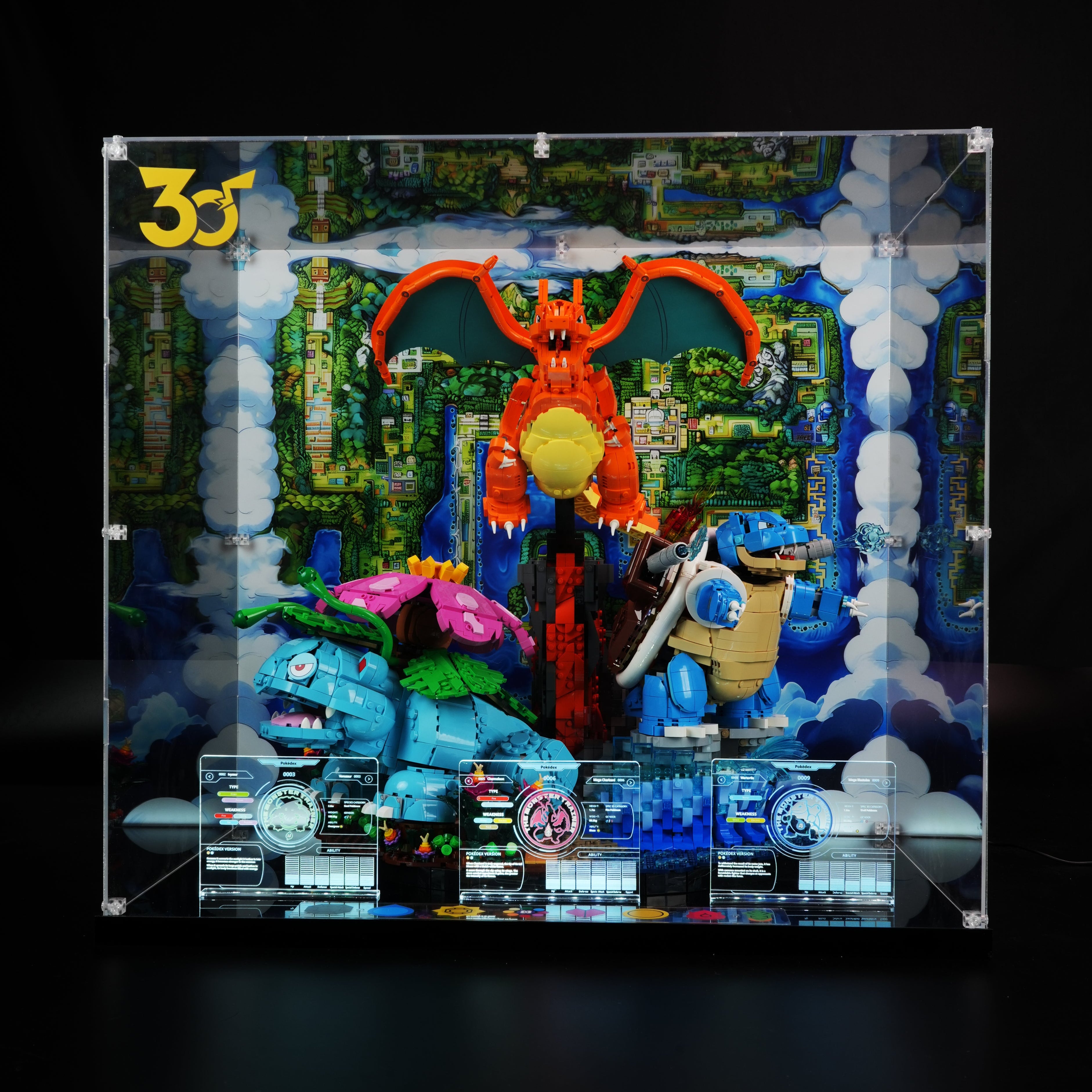 LED Light Acrylic Display Case for LEGO® Pokémon 72153 Venusaur, Charizard and Blastoise (LEGO® Set NOT Include)