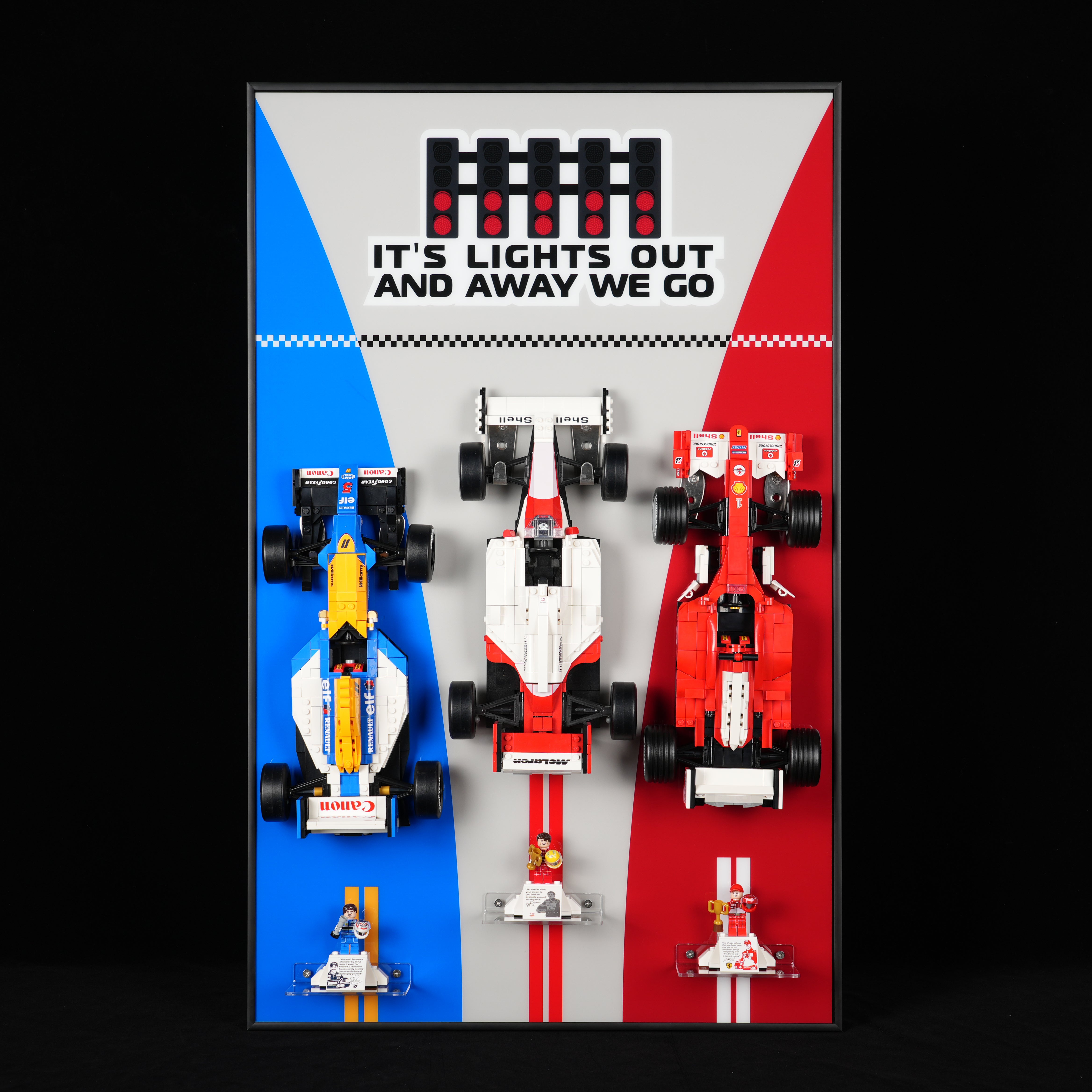 Acrylic Display Wall Mount for LEGO® Icons 10330+10353+11375 - McLaren MP4/4 & Ayrton Senna + Williams Racing FW14B & Nigel Mansell + Ferrari F2004 & Michael Schumacher F1 Car (LEGO® Set NOT Include)