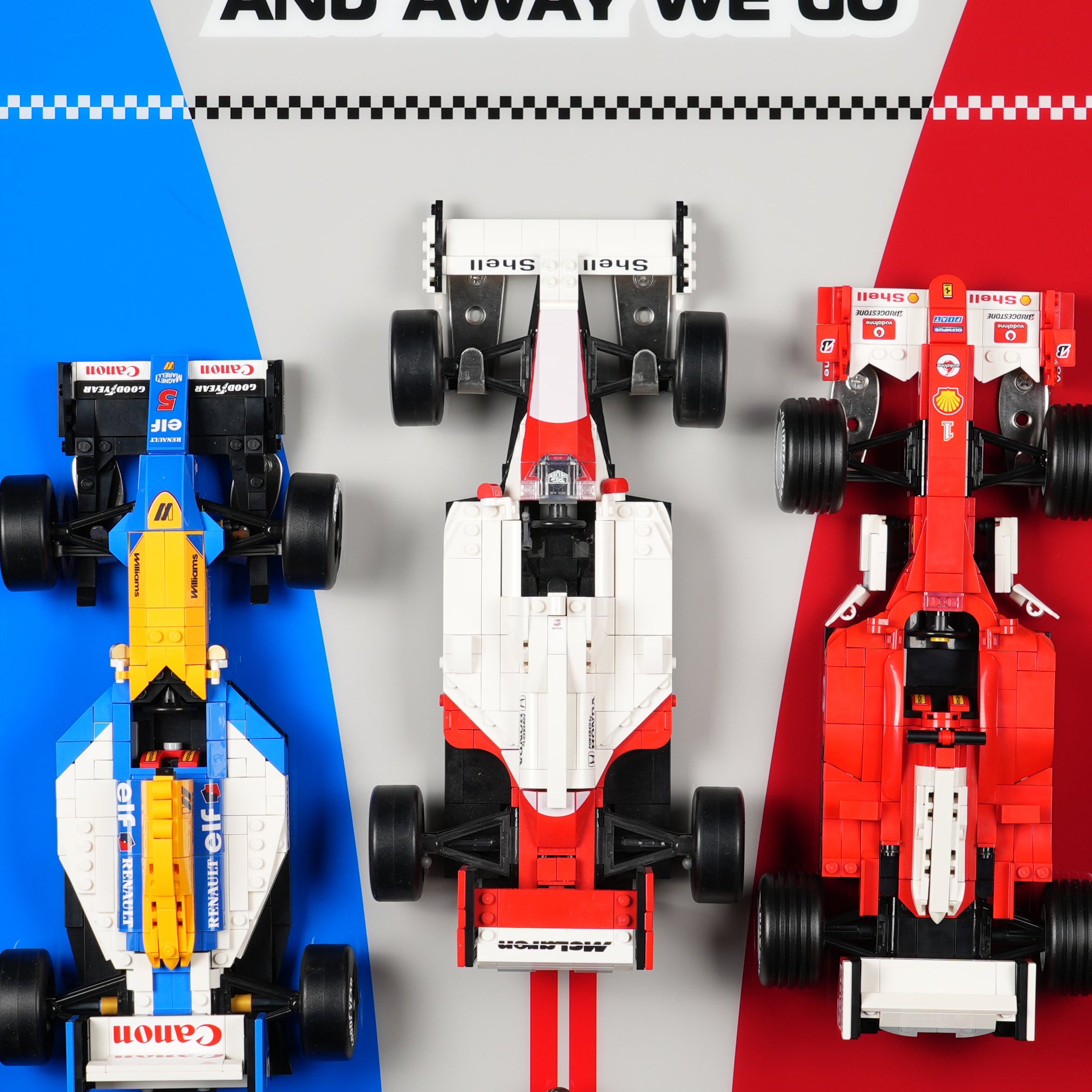 Acrylic Display Wall Mount for LEGO® Icons 10330+10353+11375 - McLaren MP4/4 & Ayrton Senna + Williams Racing FW14B & Nigel Mansell + Ferrari F2004 & Michael Schumacher F1 Car (LEGO® Set NOT Include)