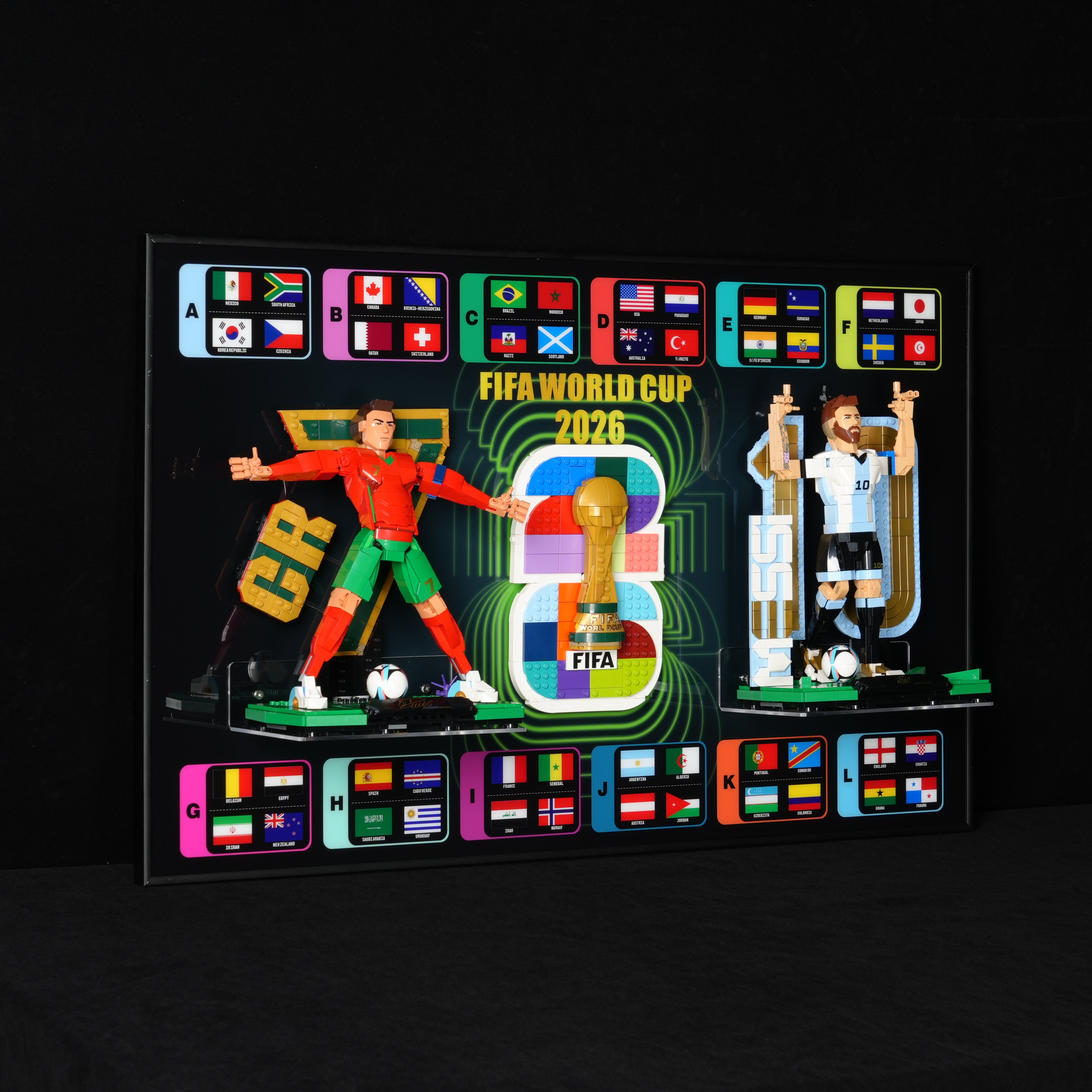 Acrylic Display Wall Mount for LEGO® Editions 43015  Lionel Messi +43032 FIFA World Cup + 43016 Cristiano Ronaldo.  3 in 1 (LEGO® Set Not Included).