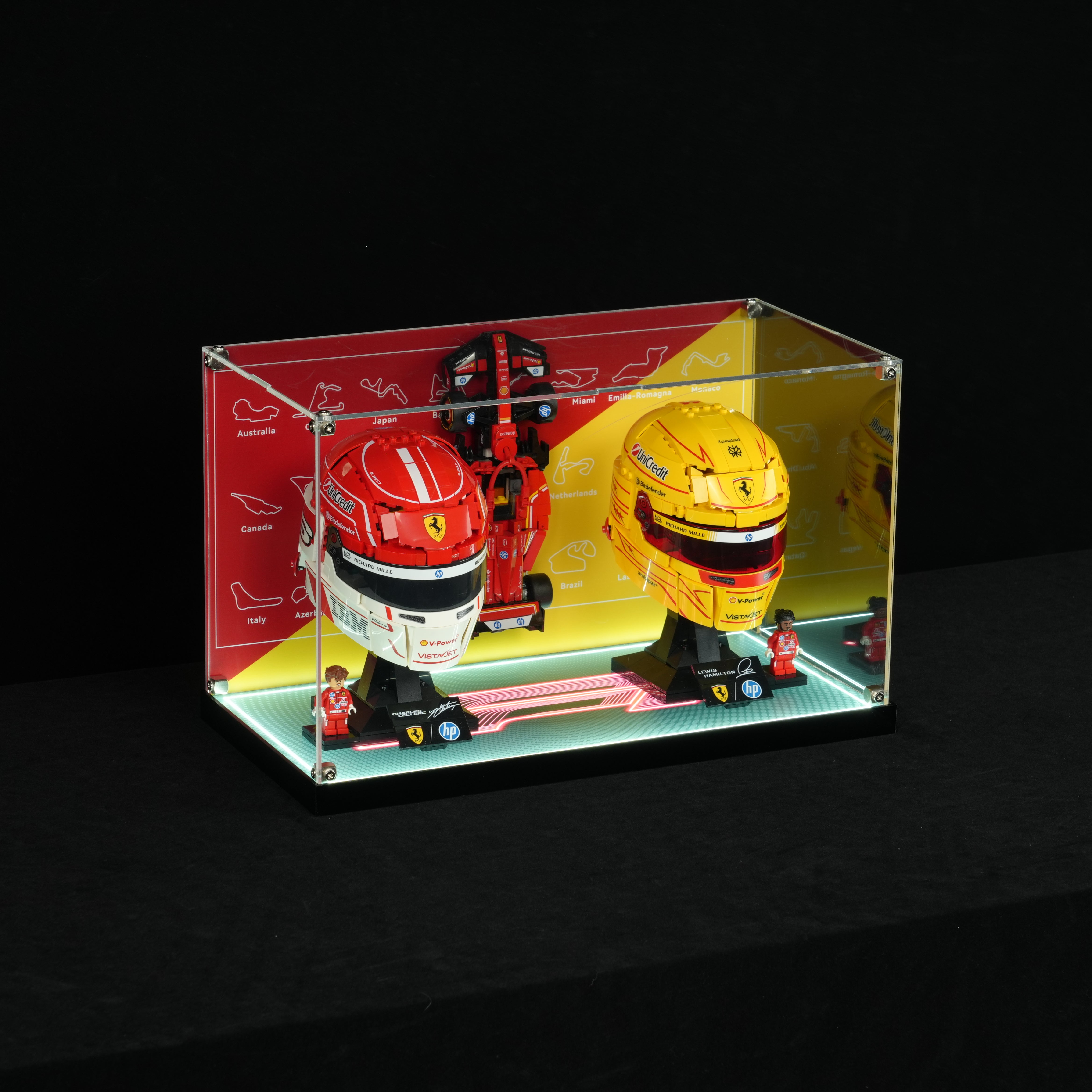 LED Light Acrylic Display Case for LEGO® Editions 43014 & 43022 Scuderia Ferrari HP Charles Leclerc Helmet & Lewis Hamilton Helmet (LEGO® Set NOT Include)