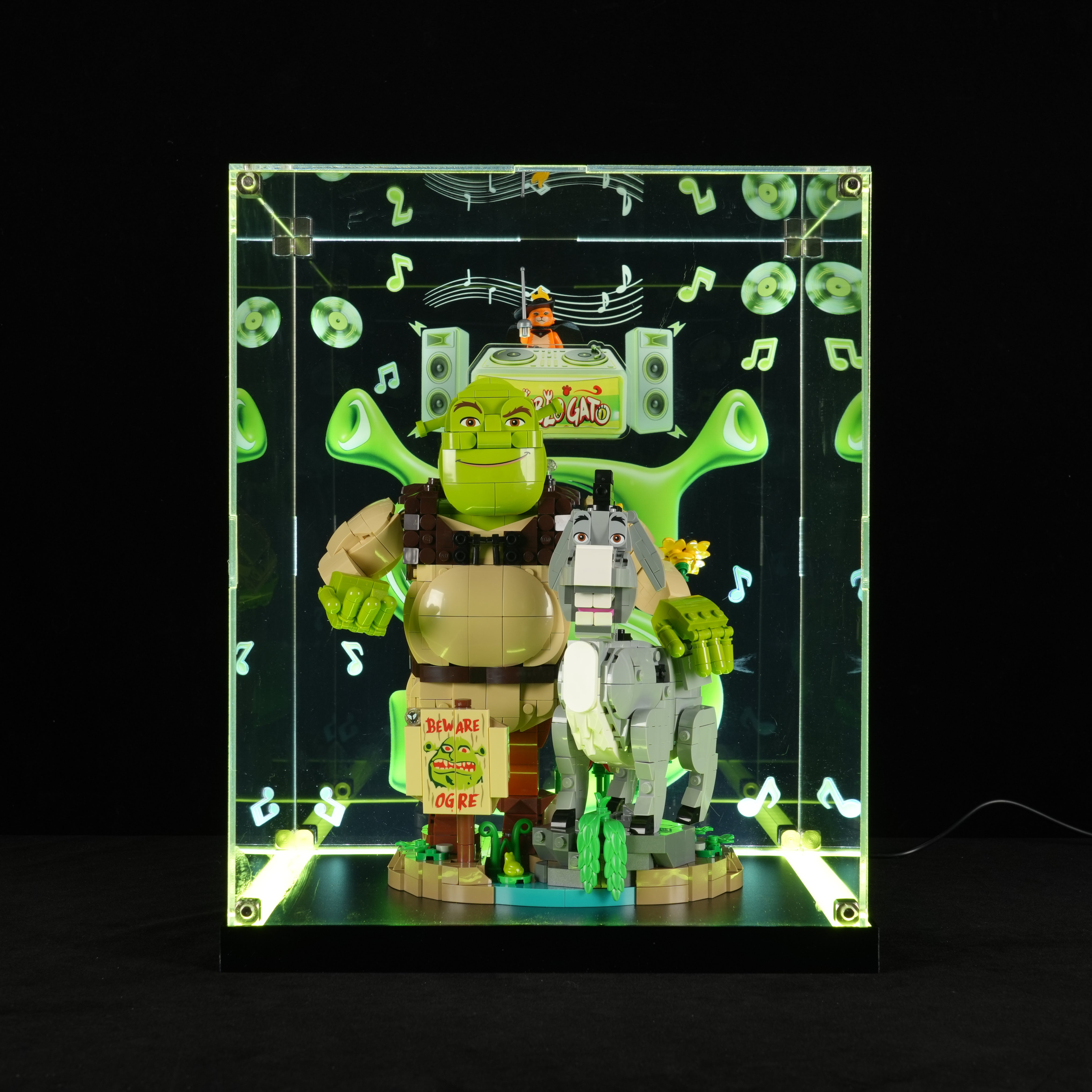LED Light Acrylic Display Case for LEGO® 72423 Shrek, Donkey & Puss in Boots (LEGO® Set Not Included).